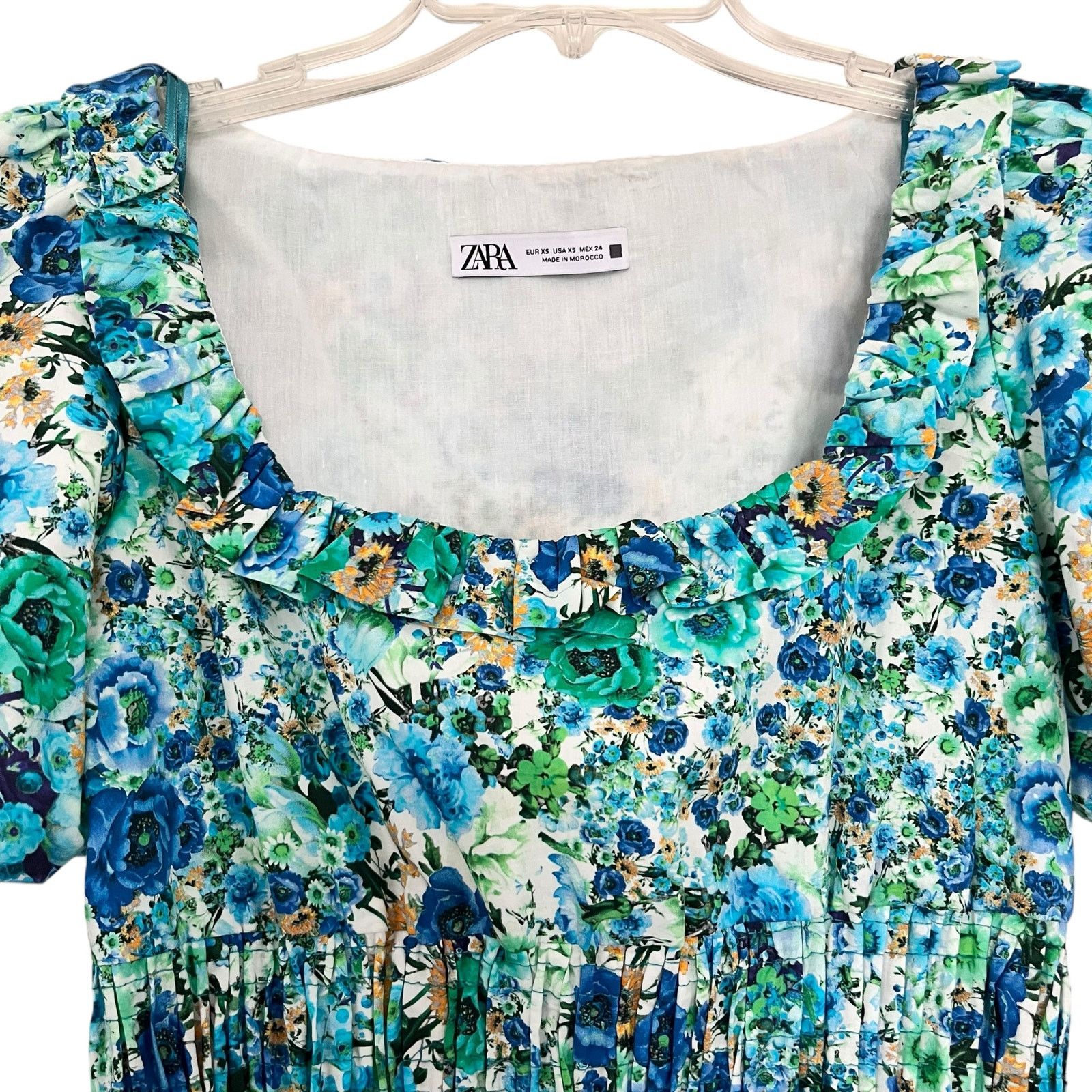 Zara Zara Blue Floral Print Smocked Square Neck Mini Dress Size XS / US 0-2 / IT 36-38 - 4 Thumbnail