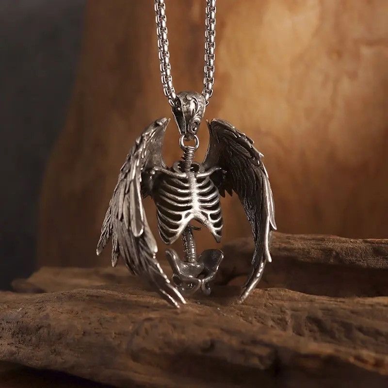Vintage Retro Goth Skull Wings Necklace Size ONE SIZE - 1 Thumbnail