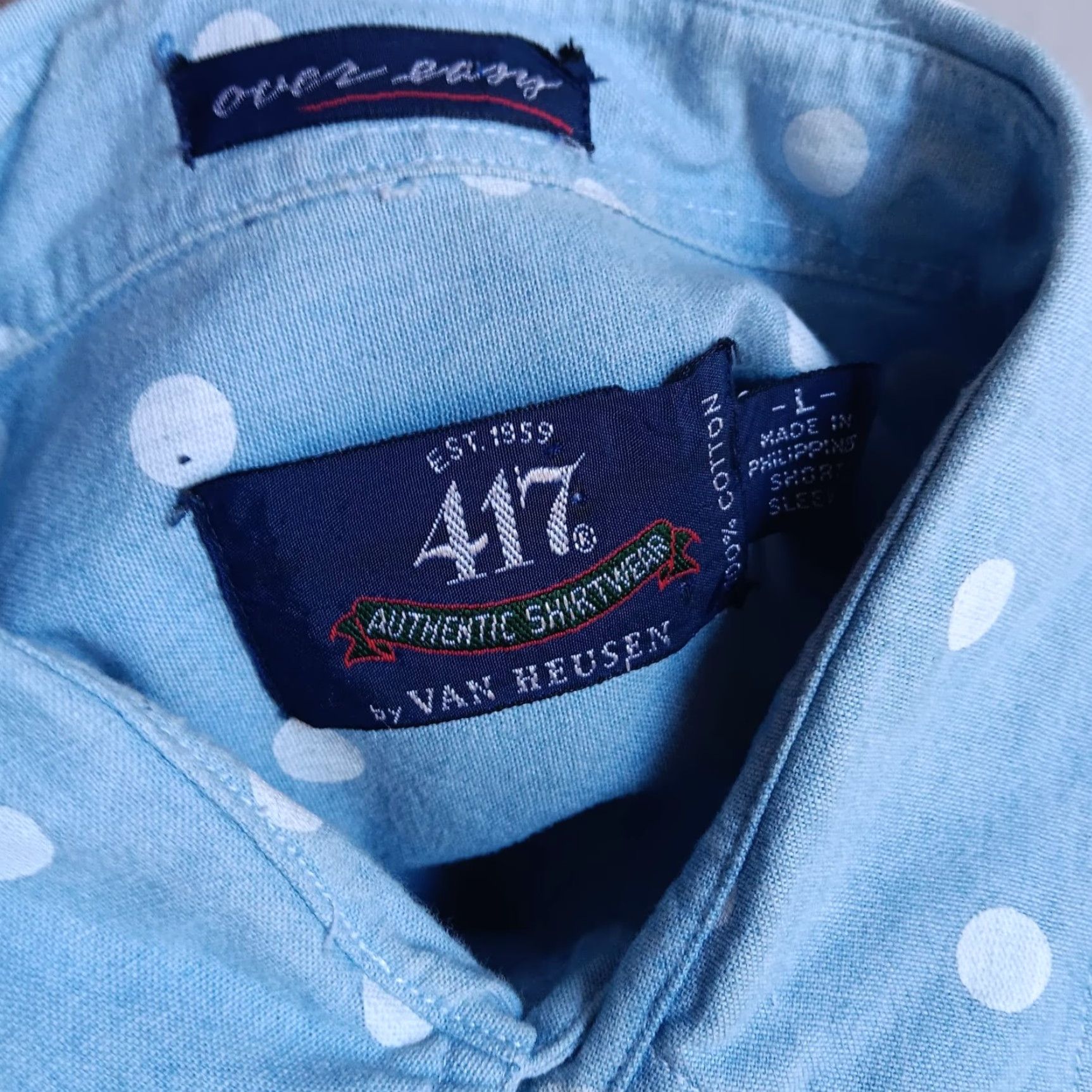 VINTAGE Van Heusen Shirt Men’s Large Casual All Cotton 80s Blue Polka Dot  Retro