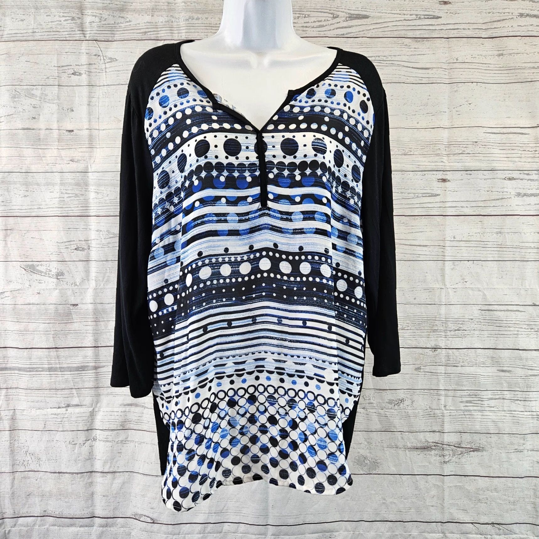 Vintage Chico's Womens Blouse Shirt 3/4 Sleeve Striped Blue Black Polyester Rayon Spandex L Large Size L / US 10 / IT 46 - 2 Thumbnail