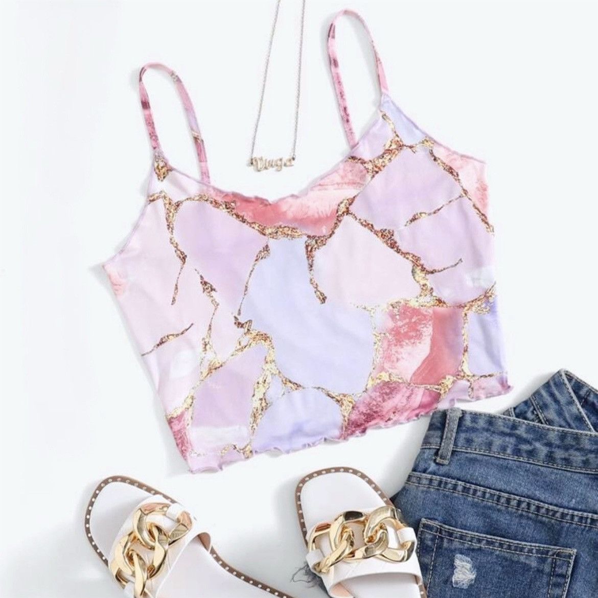 Other New Pink Purple Gold Marble Curly Trim Crop Top Women Small Size S / US 4 / IT 40 - 1 Thumbnail