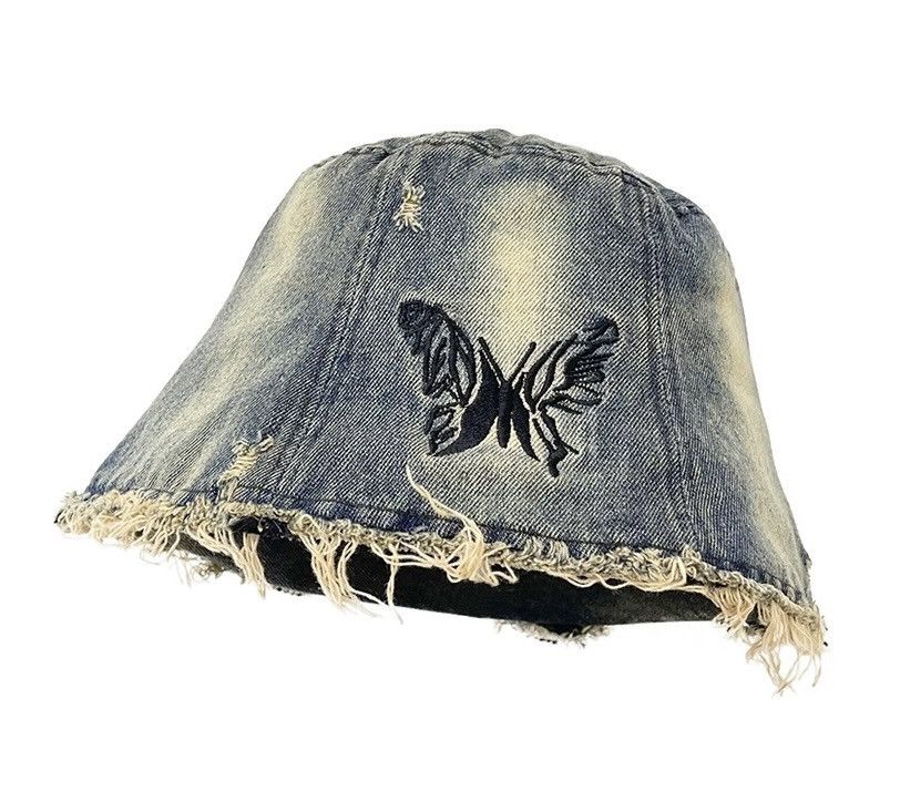 Japanese Brand Retro distressed butterfly embroidered wash denim bucket hat Size ONE SIZE - 3 Thumbnail