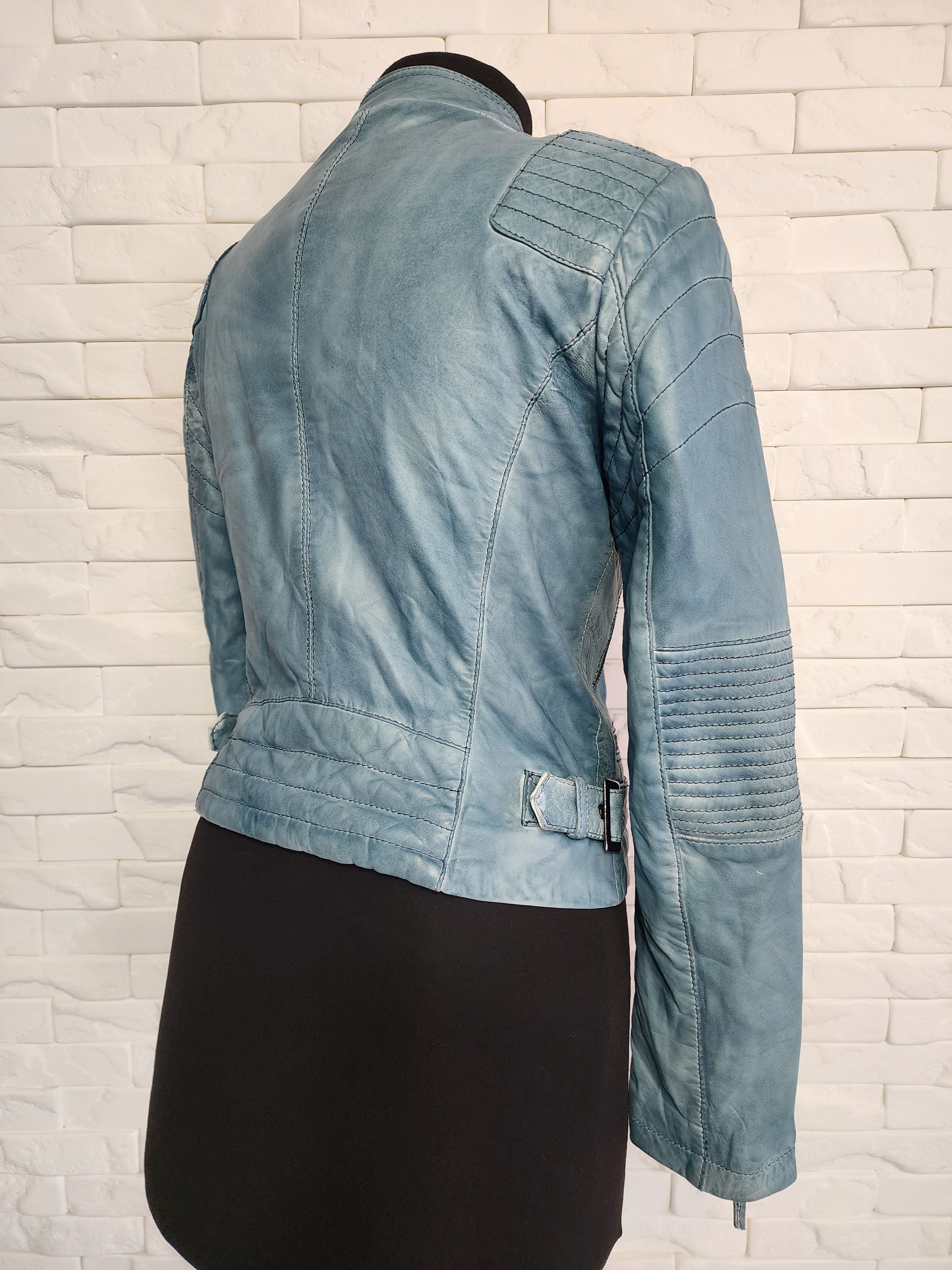 Other Blue Leather Biker Jacket - Women's Metal Zipper Moto Jacket Size M / US 6-8 / IT 42-44 - 4 Thumbnail