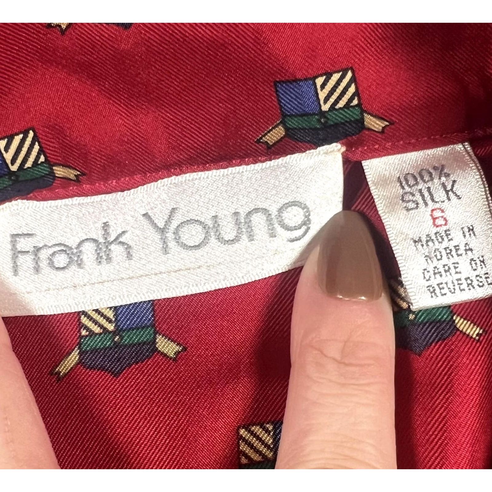 Vintage Frank Young Silk Shirt Dress Womens 6 Red Geometric Print Elastic Waist Buttons Size M / US 6-8 / IT 42-44 - 3 Thumbnail