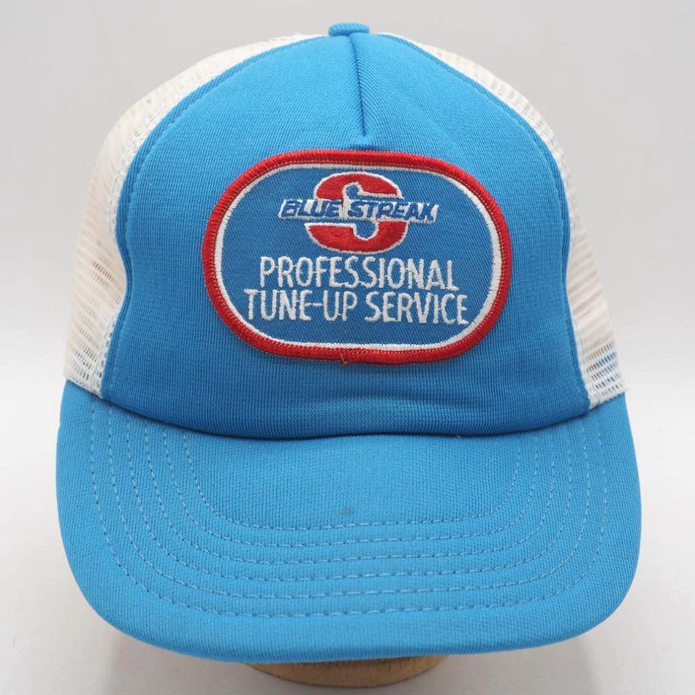 image of Mesh Snapback Trucker Farmer Hat Cap Blue Streak Tune Up Patch Vintage in White, Men's