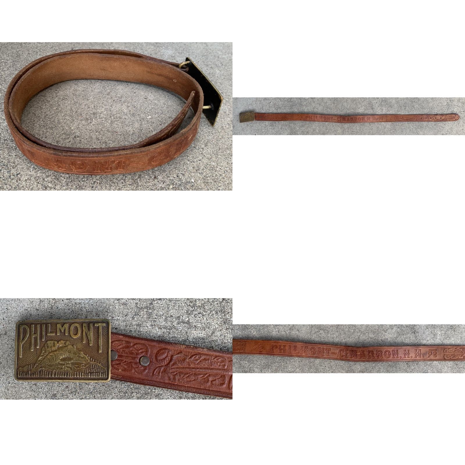 Vintage Philmont Belt Buckle Bastian Bros Co Rochester NY 1939 Union Made Tooled Leather Belt Brown Men Vintage Cowboy Western Size ONE SIZE - 9 Thumbnail