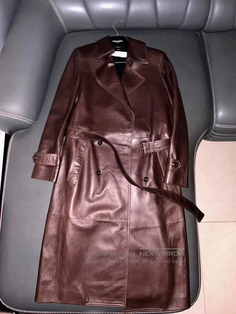 Saint Laurent Brown Leather Coat with Belt-