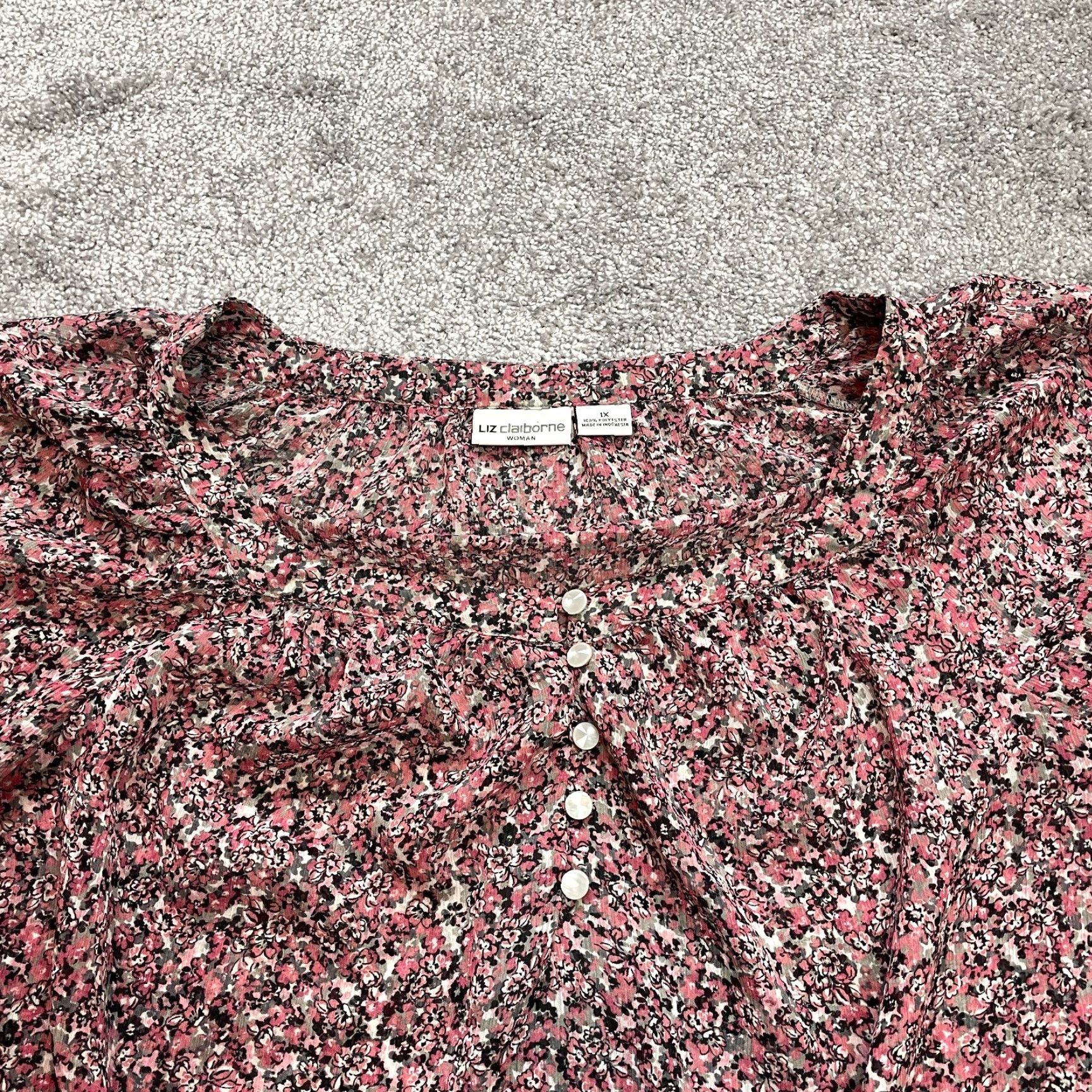 Liz Claiborne Liz Claiborne Blouse Womens 1X Pink Floral 3/4 Sleeve Plus Size Stretch Buttons Shirt Ladies Blouse Size XL / US 12-14 / IT 48-50 - 2 Thumbnail
