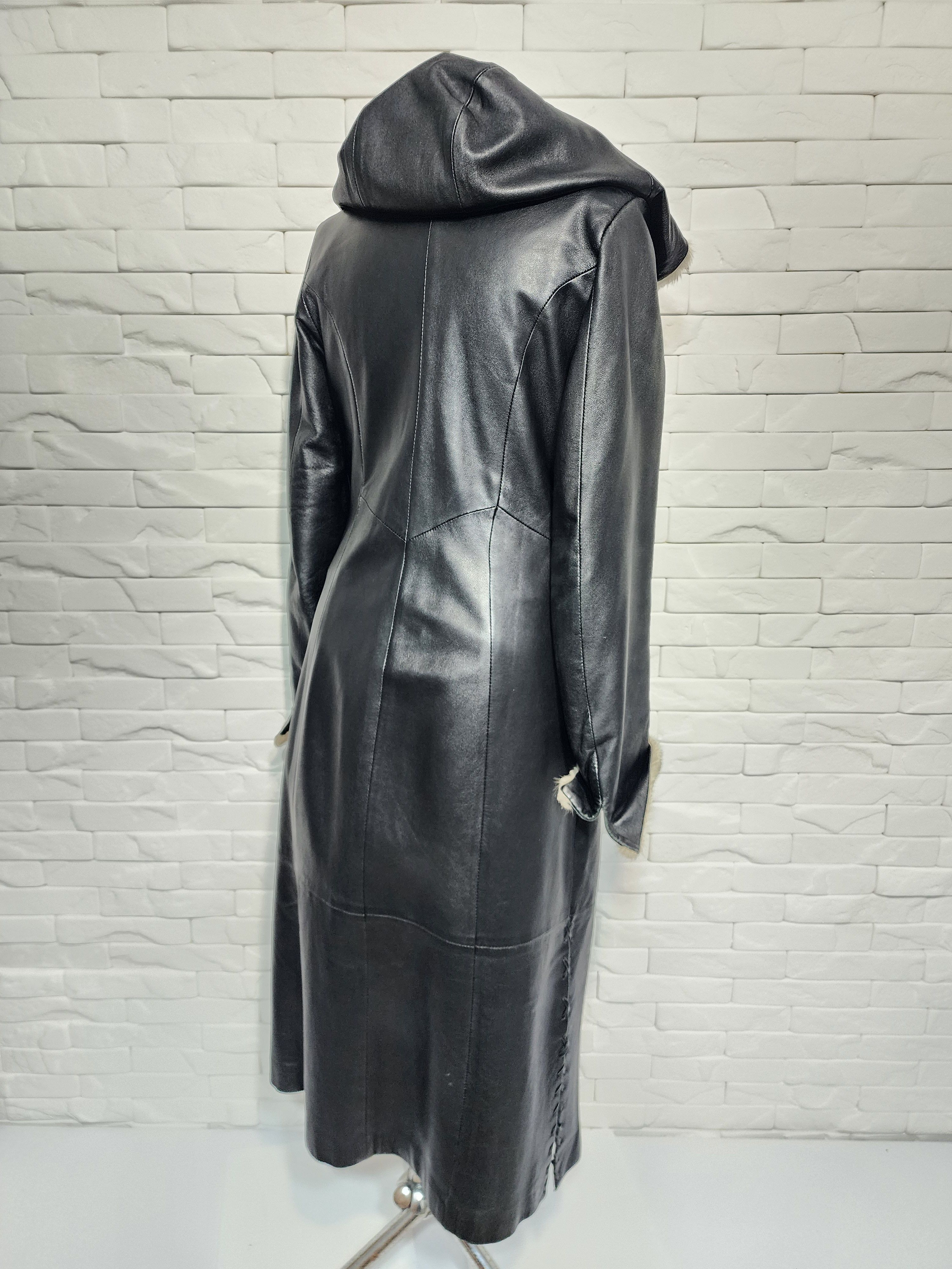 Genuine Leather Black Leather Long Jacket: Elegant Women's Coat With Hood Size M / US 6-8 / IT 42-44 - 6 Thumbnail