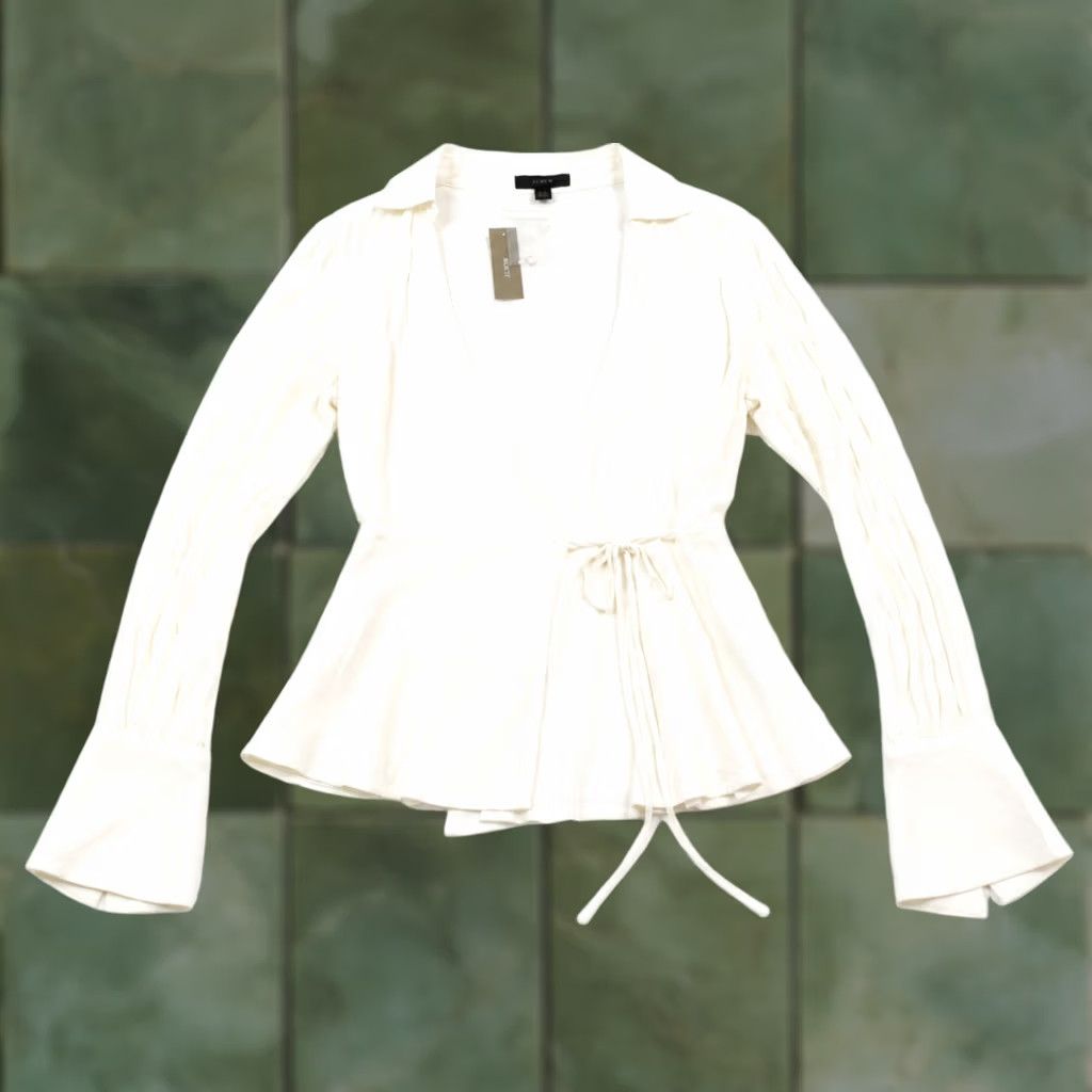J.Crew VINTAGE J.CREW Drapey Crepe Wrap Top Ivory Long Sleeve V-Neck Slim Fit Viscose — 4 Womens Shirt Size S / US 4 / IT 40 - 1 Thumbnail