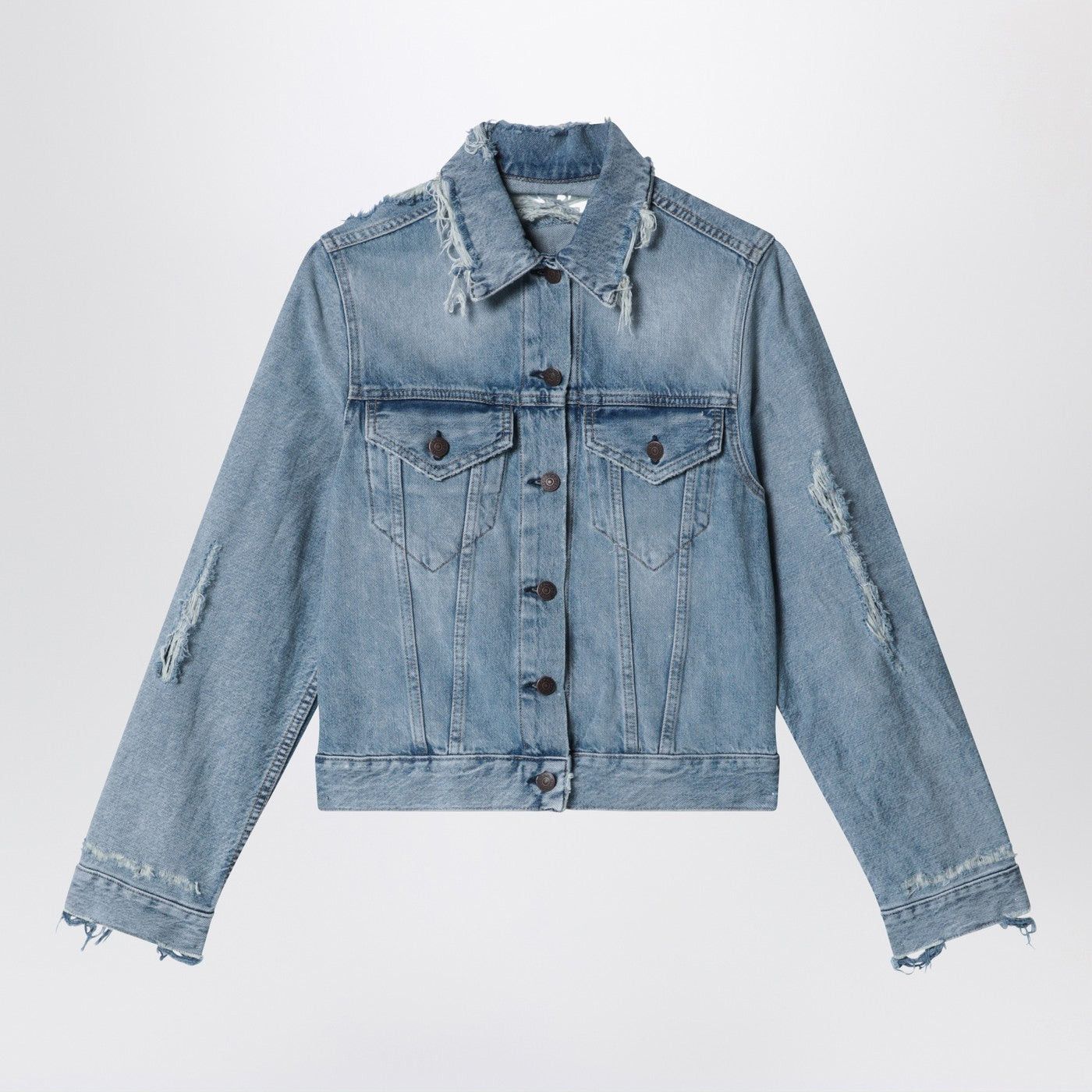 Acne Studios Acne Studios Distressed Denim Jacket Light Blue Size S / US 4 / IT 40 - 1 Thumbnail