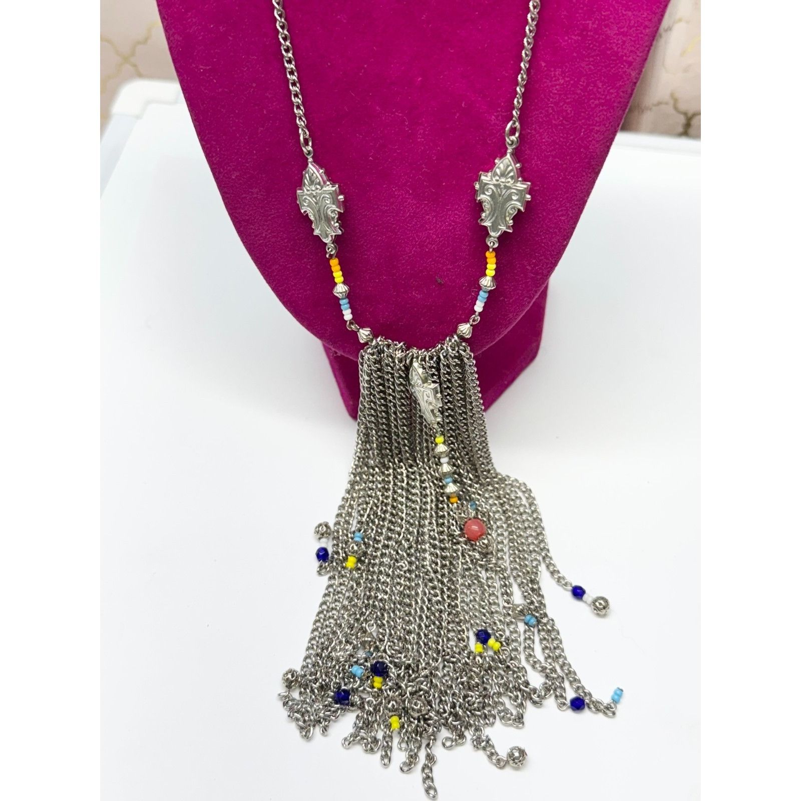 Vintage Vintage silver chain tassel beaded statement necklace Size ONE SIZE - 4 Thumbnail