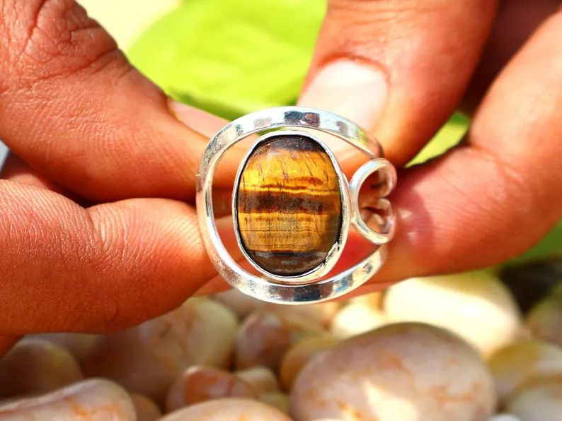 Handmade Tiger's Eye Ring, 925 Silver Ring, Handmade Oval Gemstone, Size ONE SIZE - 1 Thumbnail