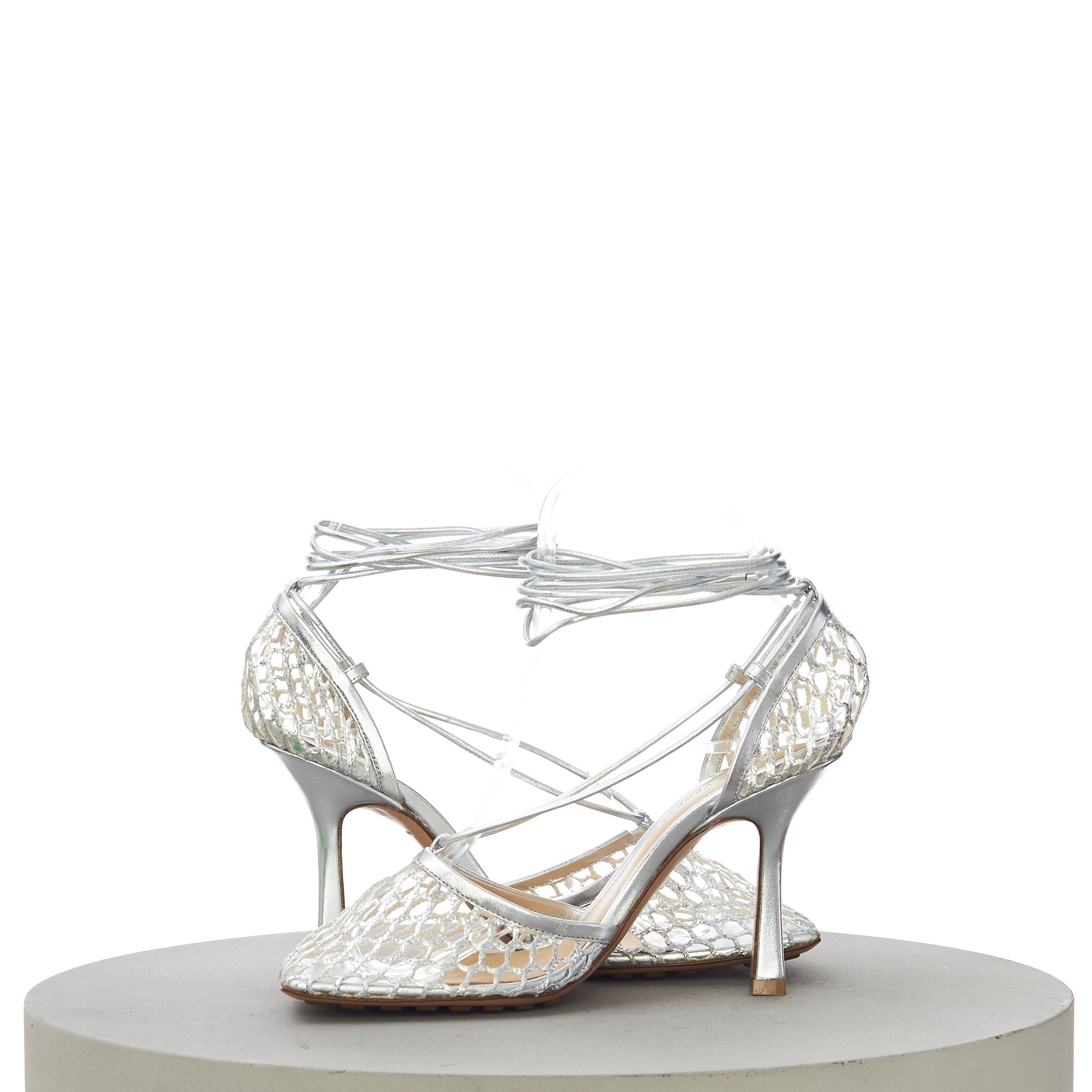 Bottega Veneta Women's Stretch Sandals In Silver Metallized Mesh & Leather Size US 7.5 / IT 37.5 - 9 Thumbnail