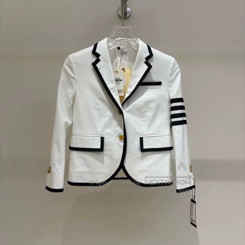 Thom Browne Thom Browne White Four Stripe Jacket - Gold Button Design Size XS / US 0-2 / IT 36-38 - 1 Thumbnail