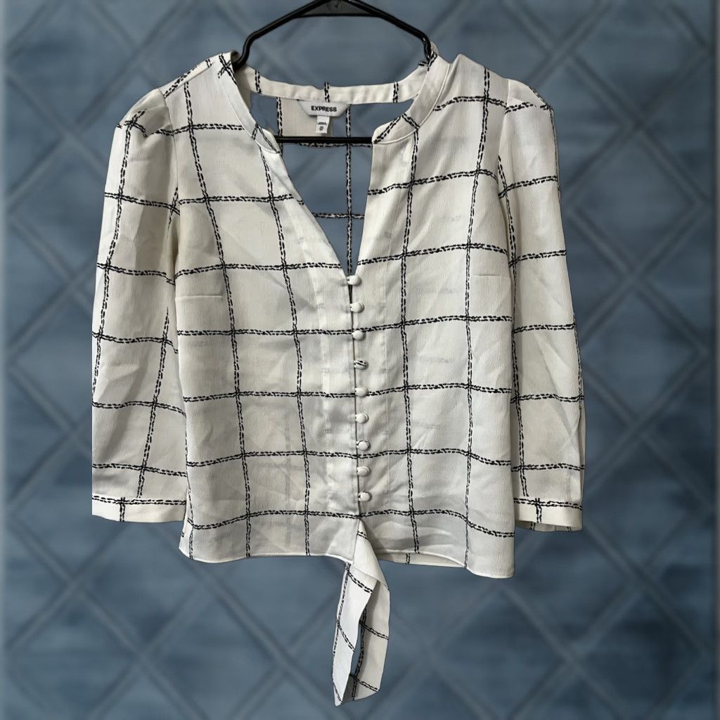 Express EXPRESS Tie Front Windowpane Blouse Women's White XS Cropped Long Sleeve V-Neck Polyester Top Size XS / US 0-2 / IT 36-38 - 1 Thumbnail