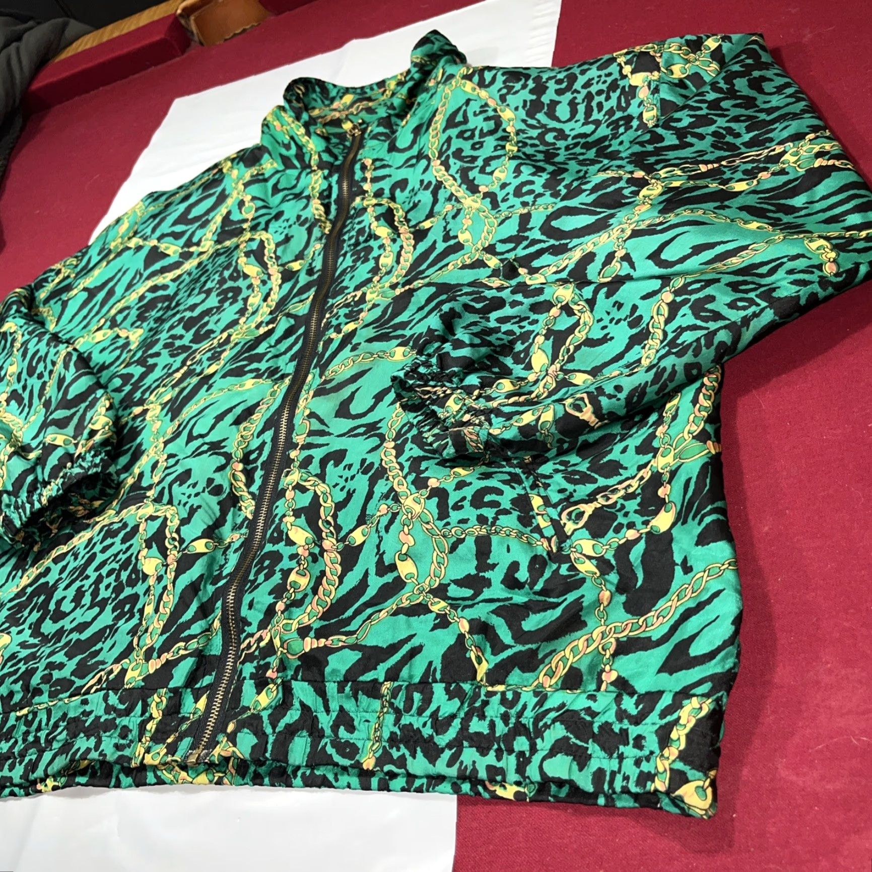 Vintage VINTAGE EVR Jacket Silk BOMBER Windbreaker Women’s XL 90s Leopard Gold Chains Black Green Short Zip Pockets Full Zip Casual Vintage Womens Size XL / US 12-14 / IT 48-50 - 2 Thumbnail