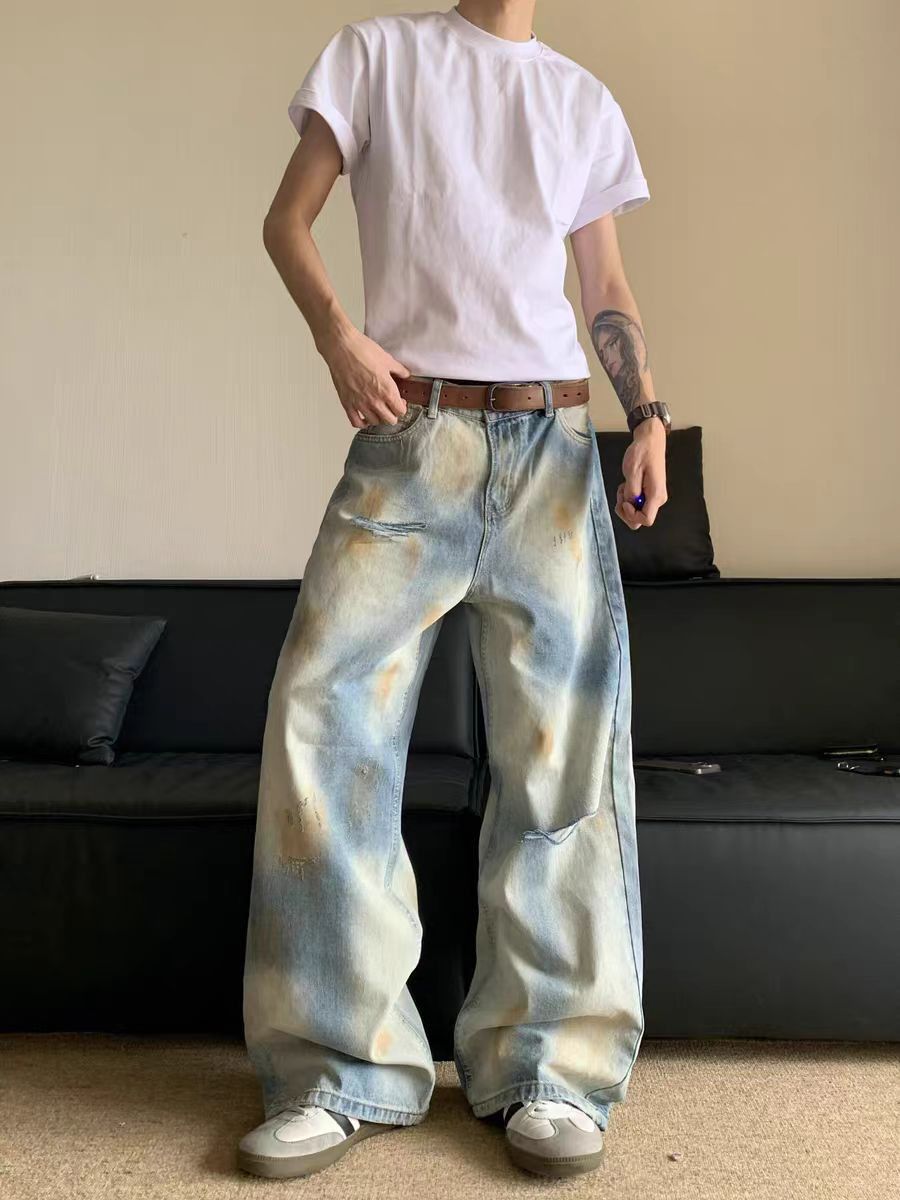 Japanese Brand × Jean Yellow clay-dyed ripped straight leg washed jeans Size US 34 / EU 50 - 1 Thumbnail