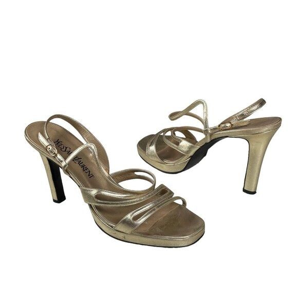 Vintage × Yves Saint Laurent Yves Saint Laurent Gold Metallic Leather 4″ Heeled Sandals S Size US 9 / IT 39 - 1 Thumbnail