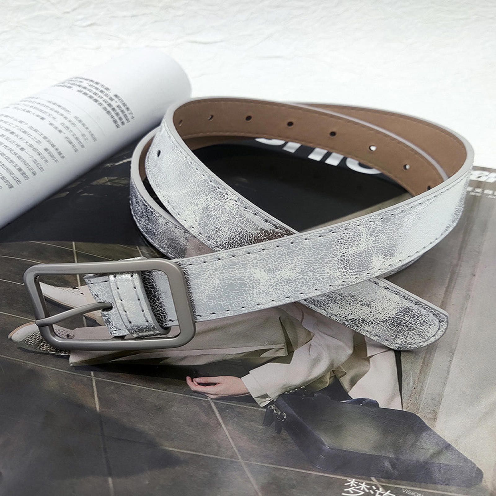 Leather Metallic Silver Belt with Sleek Buckle Size ONE SIZE - 3 Thumbnail