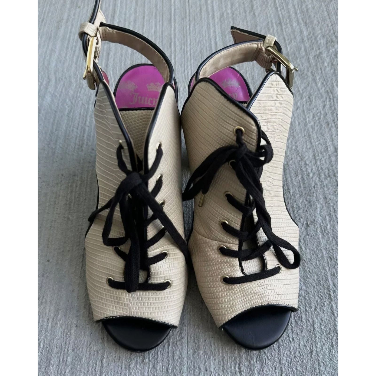 Juicy Couture Juicy Couture Open Toe Lace Up Block Heels Beige Sandals 6M Size US 6 / IT 36 - 1 Thumbnail