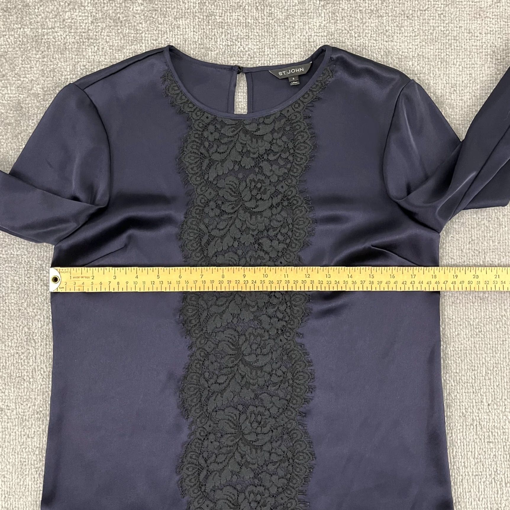 St. John ST. JOHN Blouse Womens Size 4 Blue Liquid Satin Lace Navycaviar Quiet Old Luxury Womens Size S / US 4 / IT 40 - 6 Thumbnail