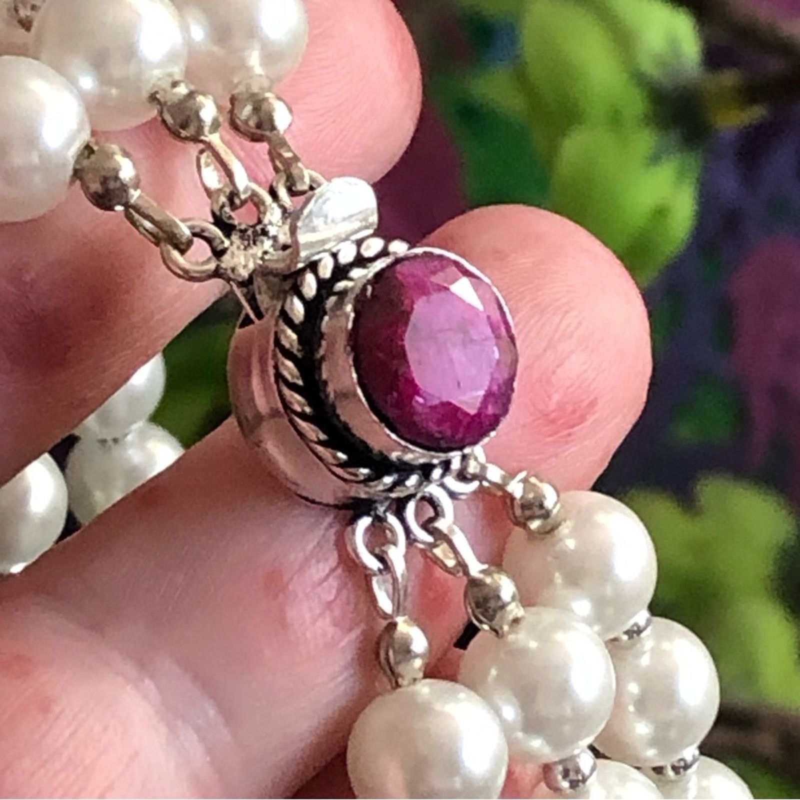 Handmade Handcrafted triple strand Pearl genuine ruby necklace Size ONE SIZE - 12 Thumbnail