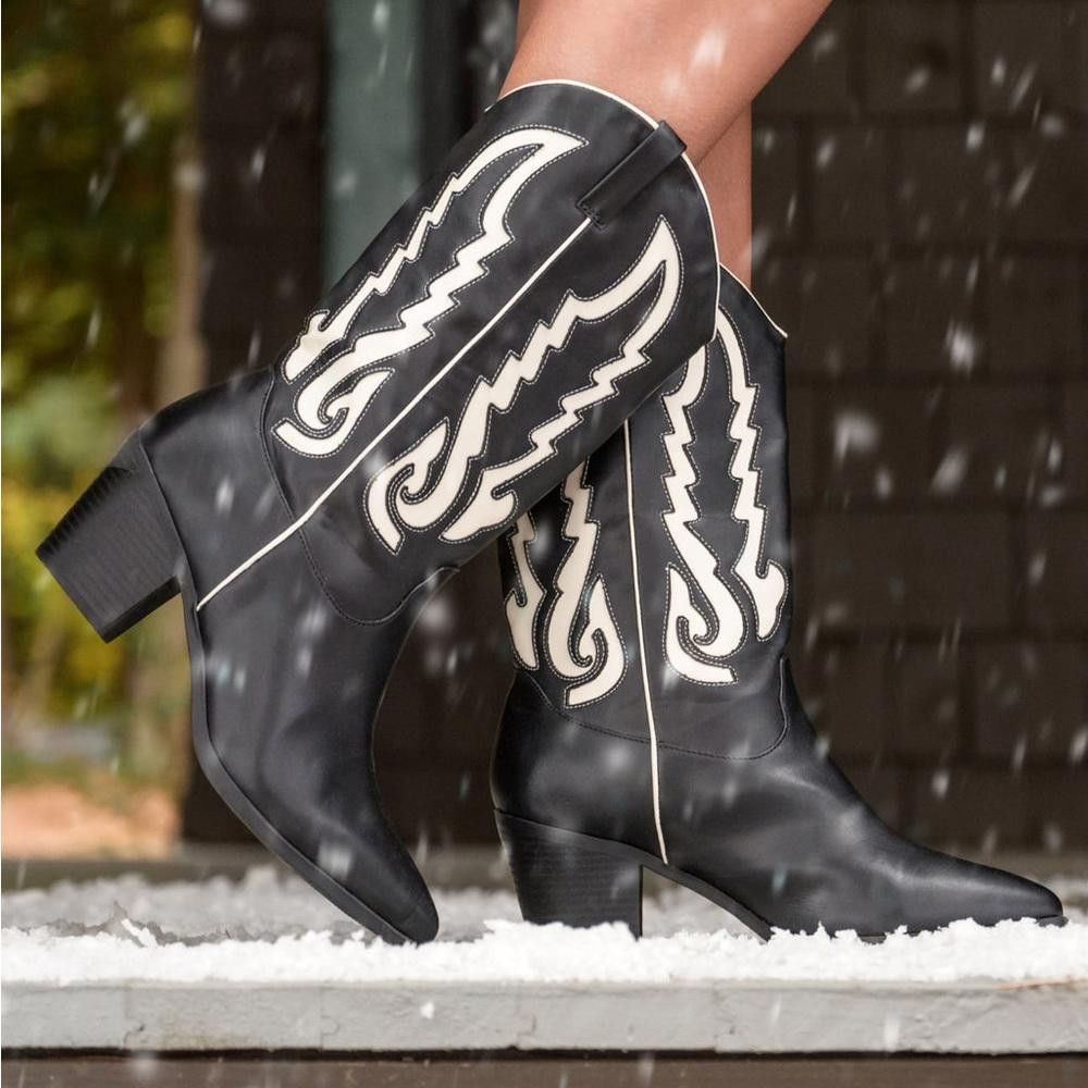 Designer Stylish Black Western Boots with Cream Accent SIZE 7 Size US 7 / IT 37 - 1 Thumbnail