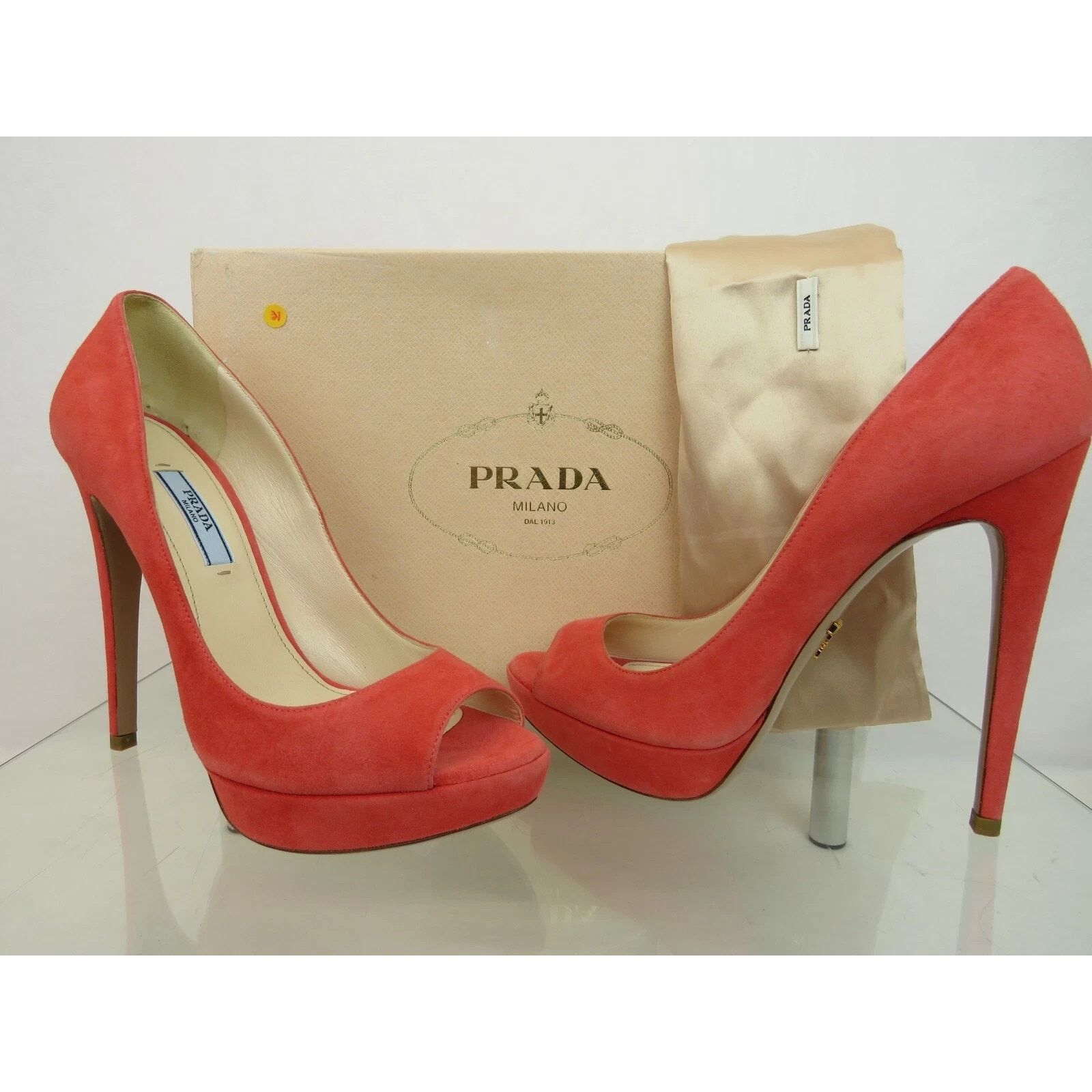 Prada PRADA 1KP150 CORAL SUEDE GOLD LOGO PLATFORM PUMPS 37.5 ITALY Size US 7.5 / IT 37.5 - 1 Thumbnail
