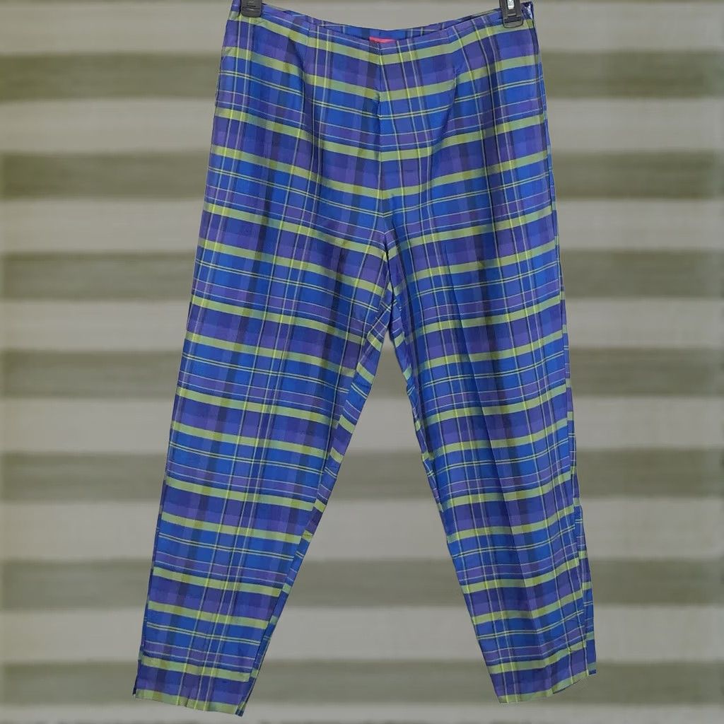 Vintage Sunny Leigh Pants Womens 12 Blue Silk Cropped Plaid Tapered Preppy Academia Size 34" / US 12 / IT 48 - 1 Thumbnail