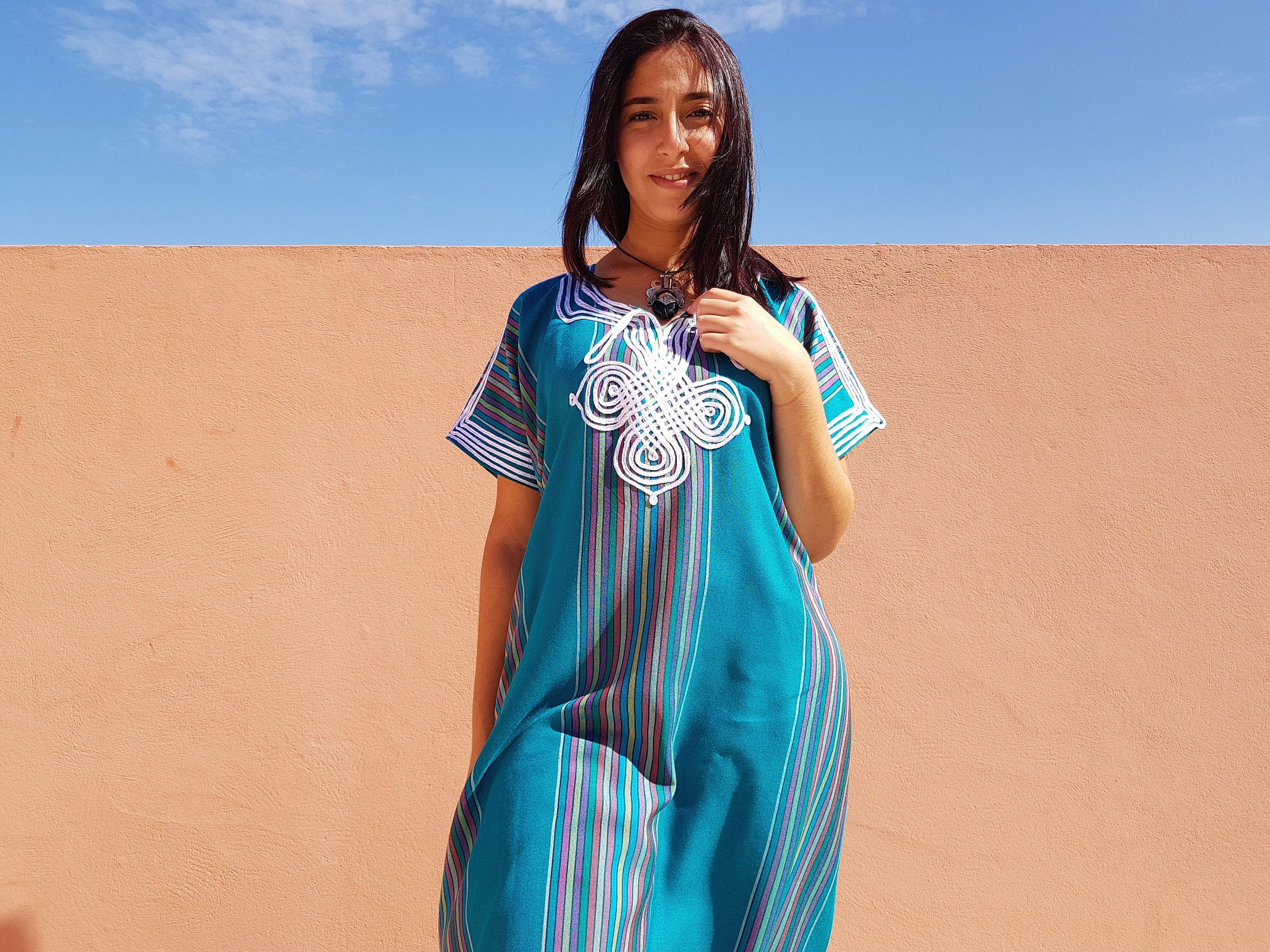 Designer × Handmade Blue Moroccan Bohemian Kaftan For Women Size ONE SIZE - 1 Thumbnail