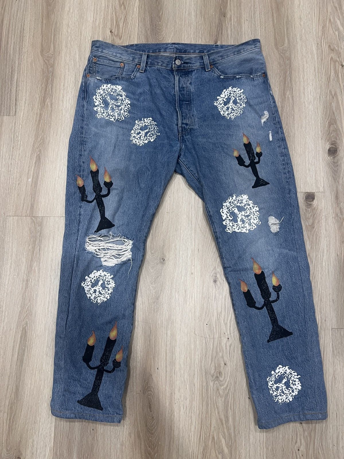 image of Denim Tears X Virgil Abloh "message In A Tear" Printed Jeans in Blue, Men's (Size 38)