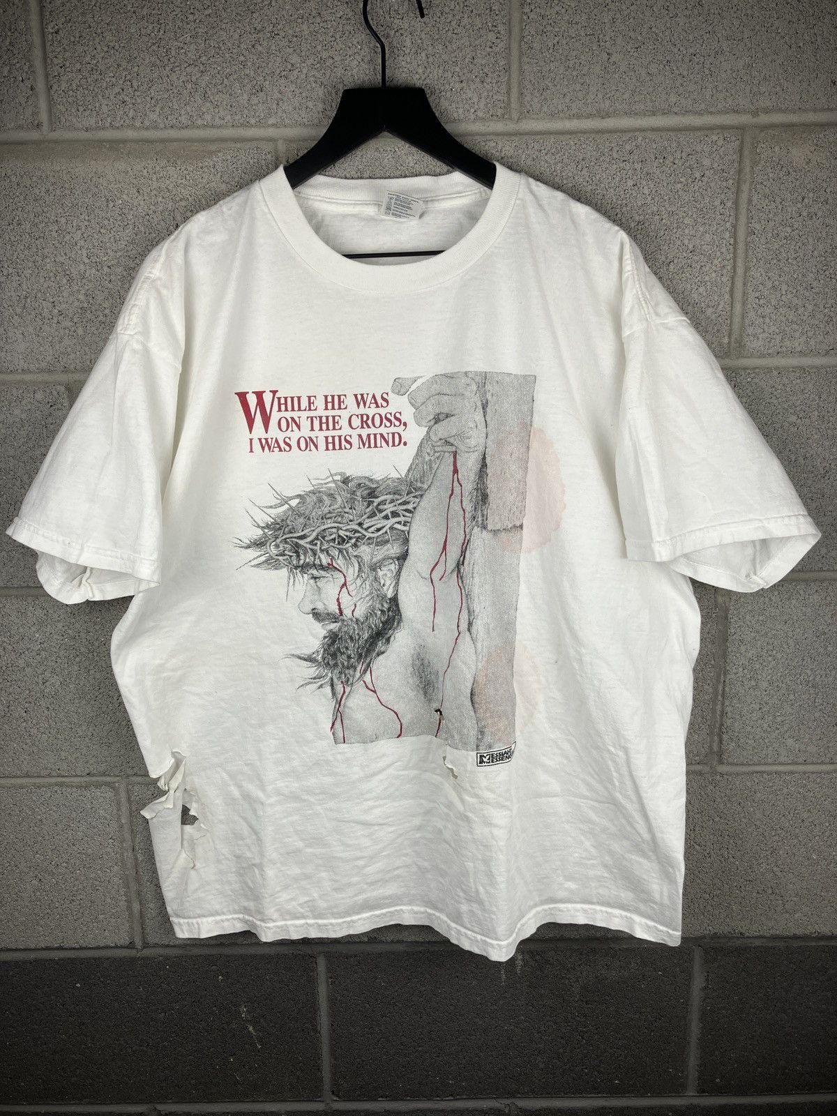 image of Vintage 90's I Was On His Mind Thrashed Jesus Tee in White, Men's (Size XL)