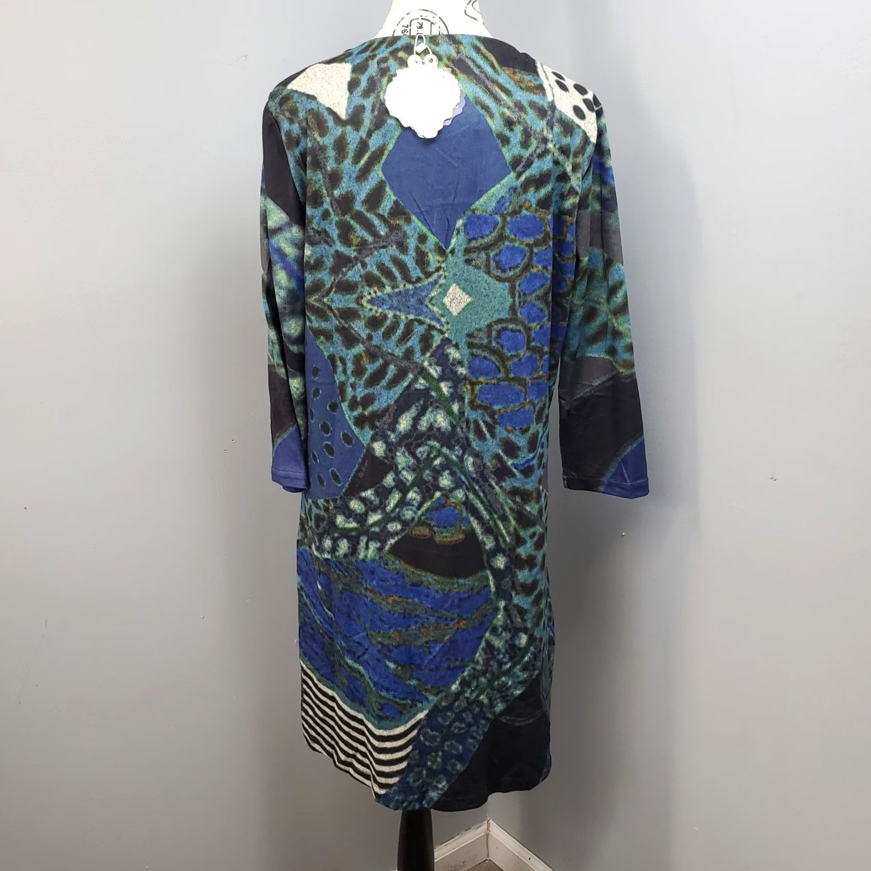 Vintage Simply Couture Sweater Dress - Womens M Multi Peacock Print Lined Cut V Round Neck Size M / US 6-8 / IT 42-44 - 2 Thumbnail