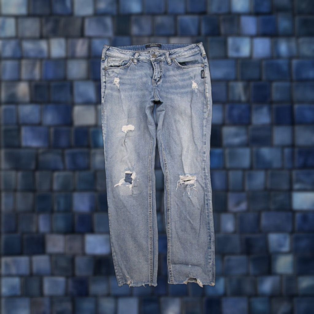 Silver Jeans Co. Silver Jeans Suki Slim Ankle Jeans - 28x27 Distressed Blue Denim, 5-Pocket, Stretch, Zip, Regular, Women, Vintage? No Size 28" / US 6 / IT 42 - 1 Thumbnail