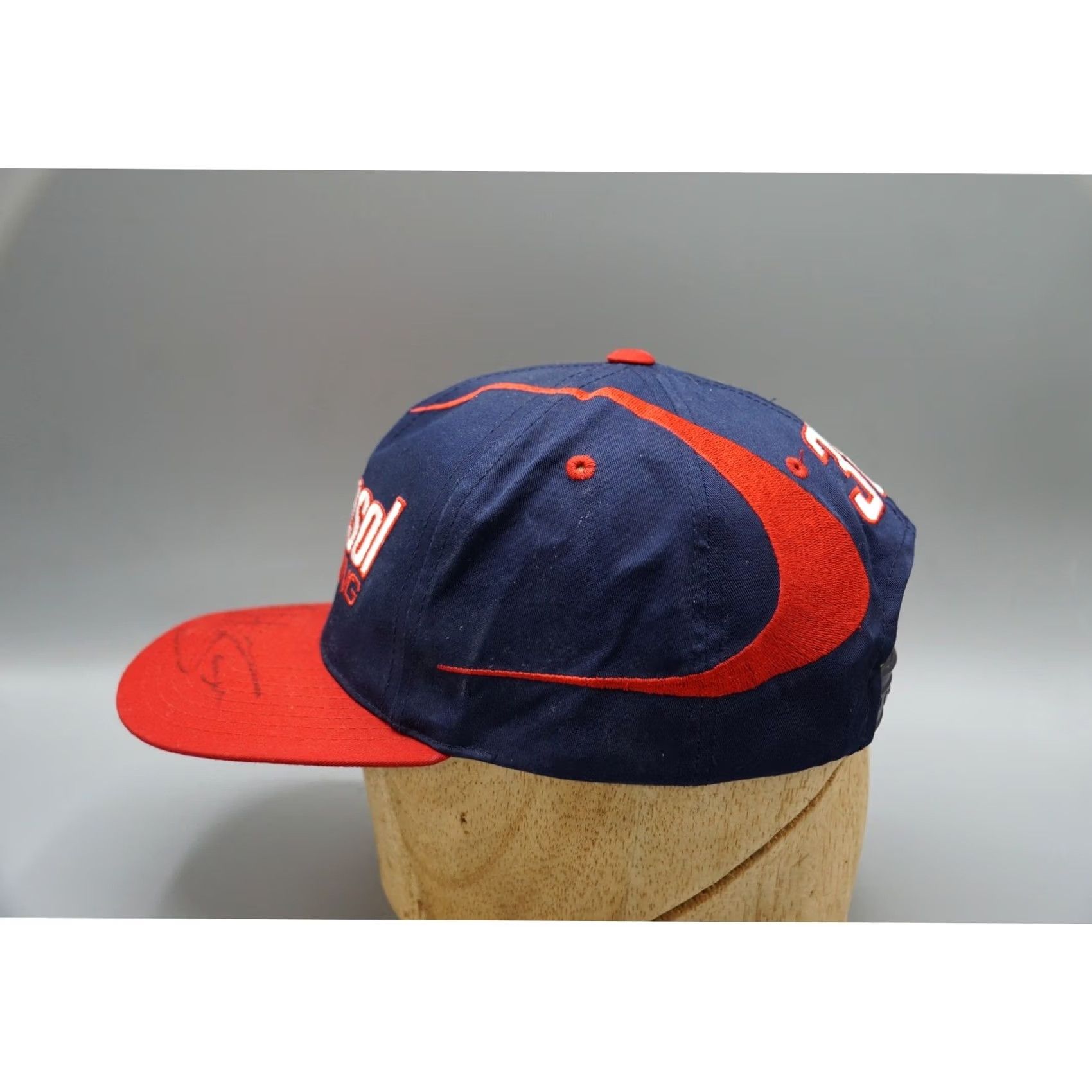 Vintage VINTAGE Barbasol Racing Hat Checkered Flag Sports CFS Snapback Navy Red Glenn Allen Signed #38 Mens Hat Size ONE SIZE - 3 Thumbnail