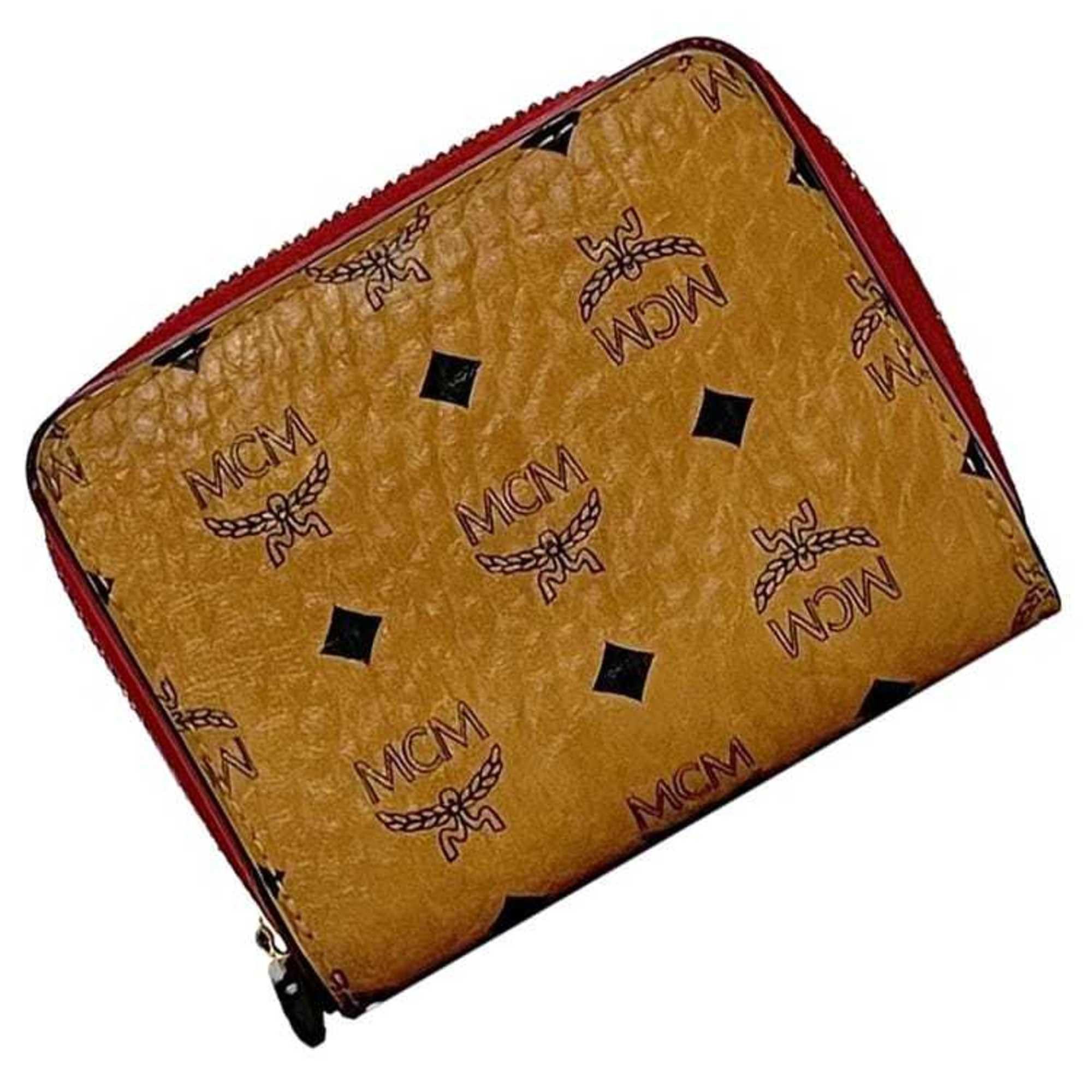 MCM Bi-Fold Wallet Ec-22820 Camel Brown Red Pvc Leather Compact Folding Coin Purse Mini Women's