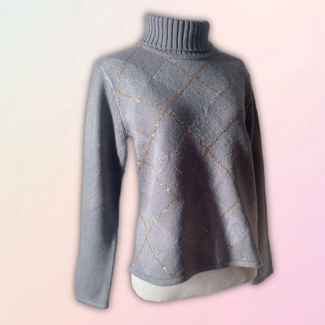 Vintage Vintage, Purple/Gray, Argyle Print, Turtleneck Knit Sweater Size S / US 4 / IT 40 - 1 Thumbnail