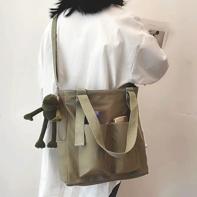 Japanese Brand Green Color Simple Fashion Nylon Canvas Tote Bag Size ONE SIZE - 4 Thumbnail