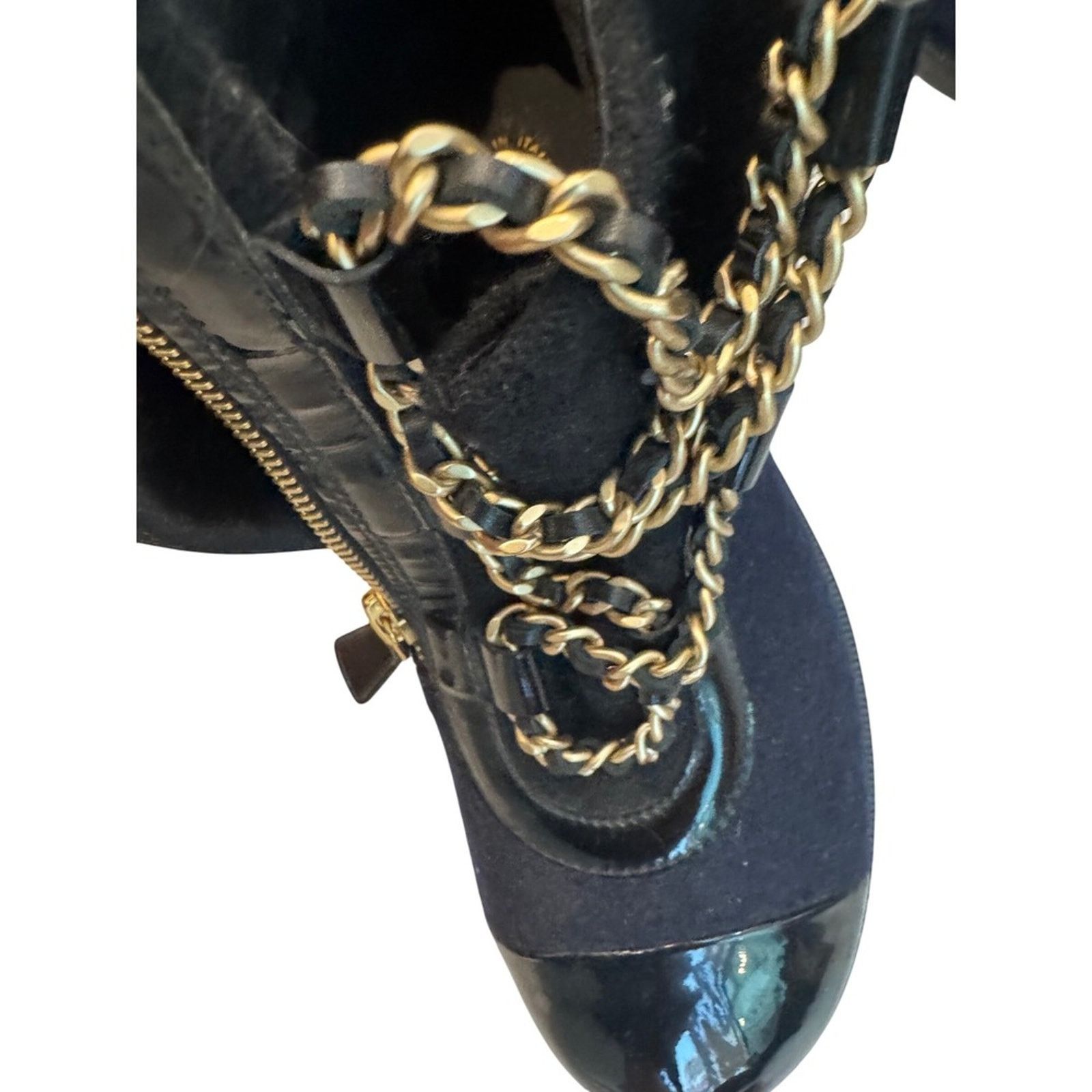 Chanel CHANEL Black Tweed Cap Toe Ankle Boots Gold Chain Size US 7.5 / IT 37.5 - 7 Thumbnail