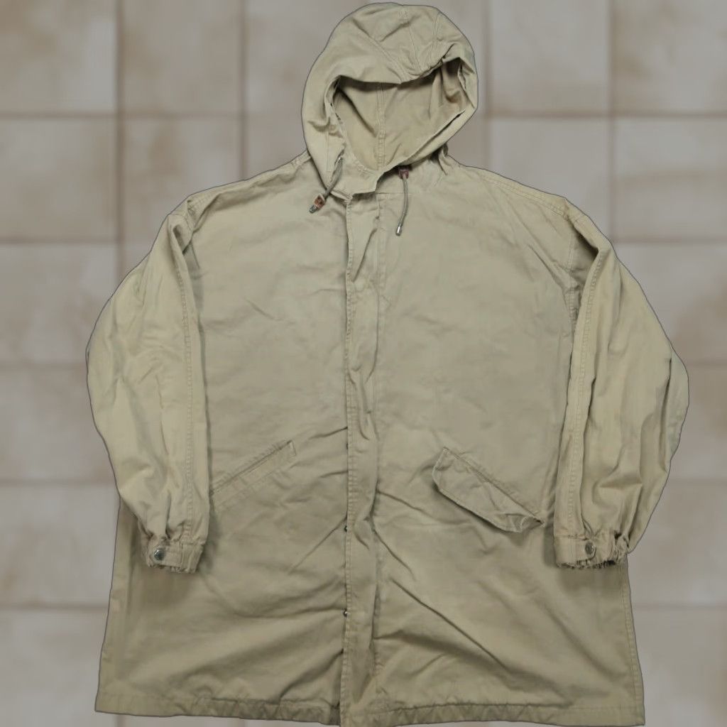 VINTAGE Banana Republic Jacket Men Large Brown Tan Cotton Solid Overcoat Casual Travel Workwear Hooded Pockets