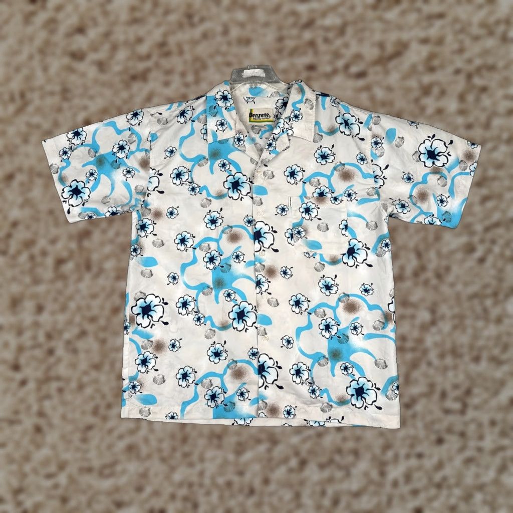 Vintage Benzene Shirt Mens Large White Blue Floral Hibiscus Palm Tree Polyester Hawaiian Size US L / EU 52-54 / 3 - 1 Thumbnail