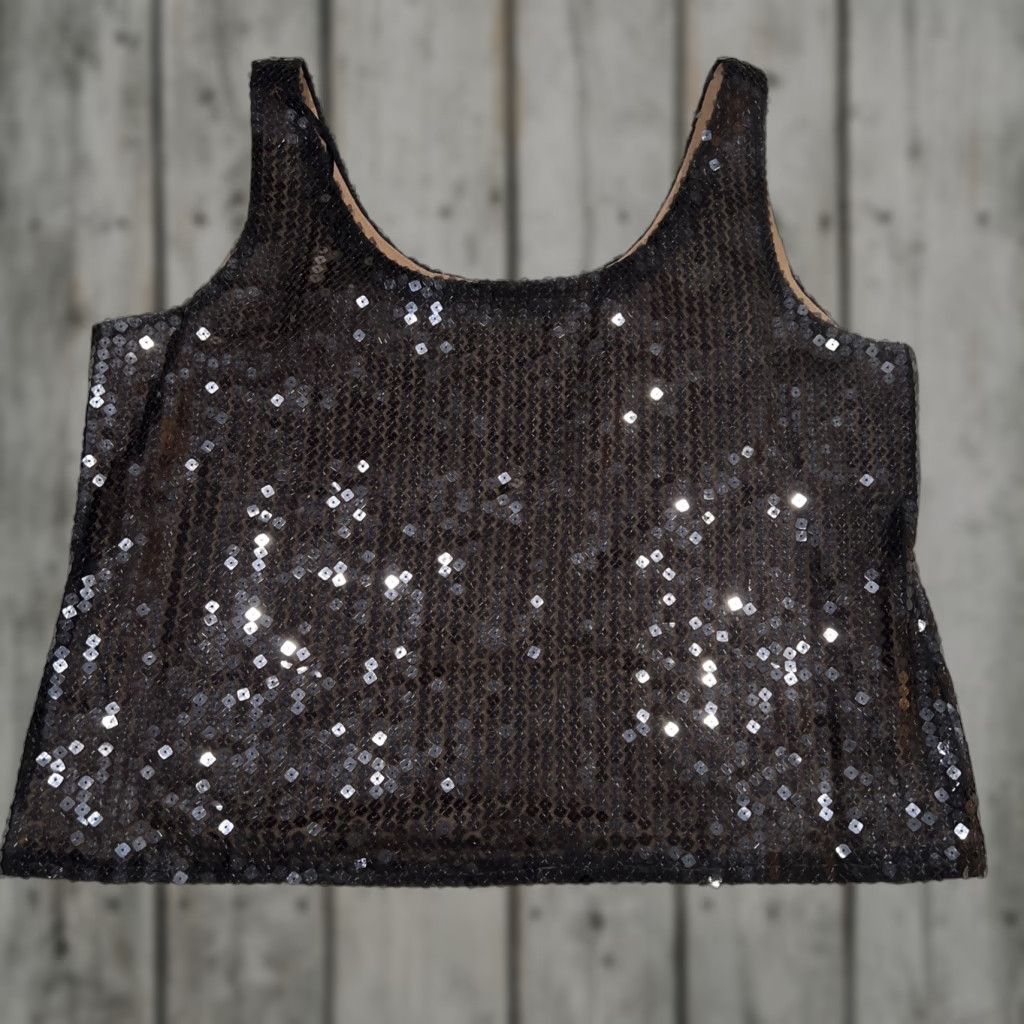 Vintage VINTAGE Jeffrey & Dara Evenings by Tom Barra Sequin Tank Top Women 16 Black Cropped Lined USA Party/Cocktail Formal Short Tank Top Womens Size XXL / US 16-18 / IT 52-54 - 1 Thumbnail