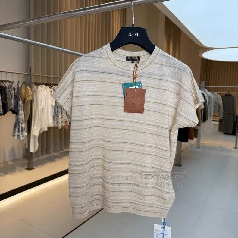 Loro Piana Loro Piana Khaki Striped Cashmere Silk Short Sleeve Top Size XS / US 0-2 / IT 36-38 - 1 Thumbnail