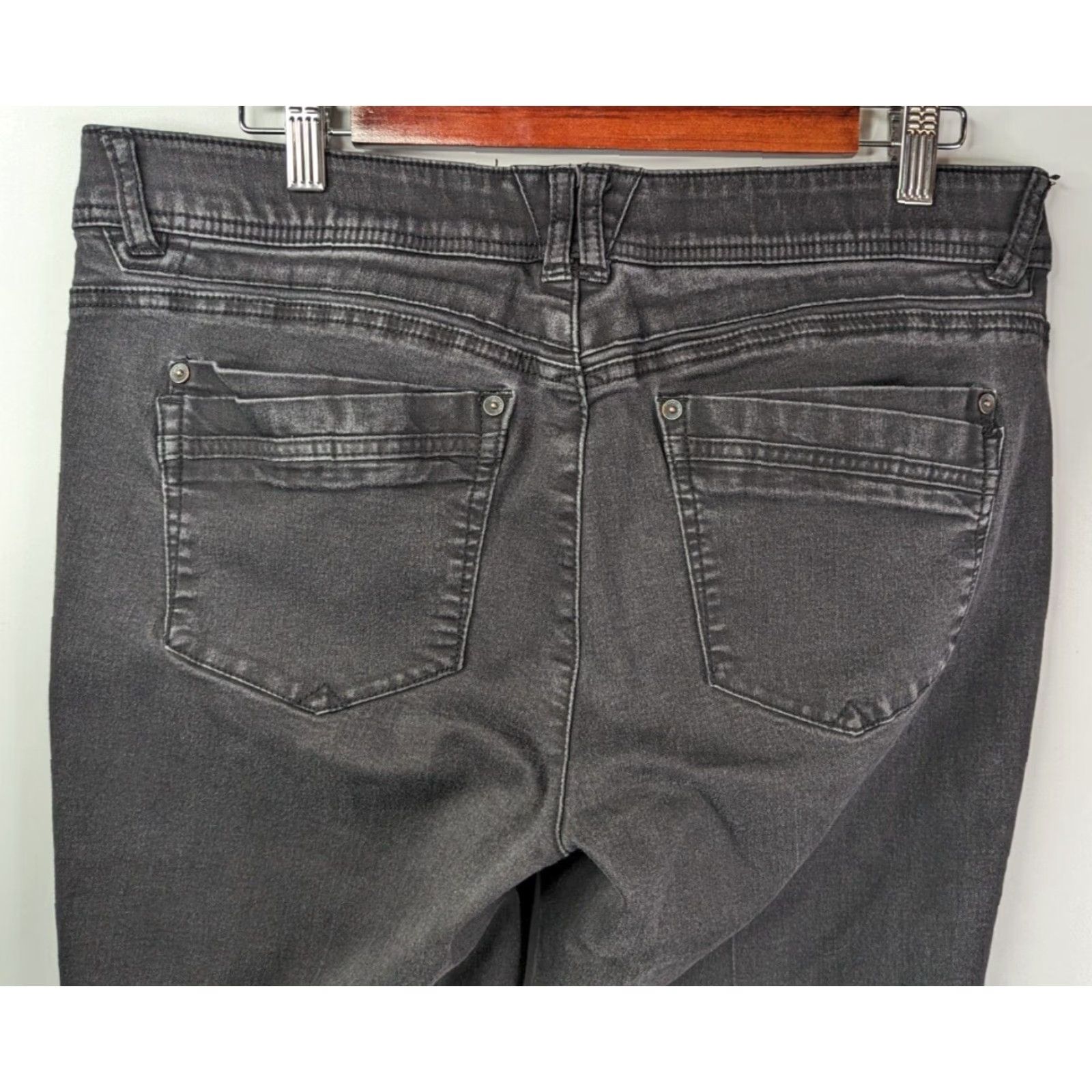 Vintage Democracy Jeans Women's 12 Black Denim Skinny Elastic Waist Belts Loops Pockets Zipper Logo Button Mid Rise Cotton Blend Lycra Spandex Size 34" / US 12 / IT 48 - 5 Thumbnail