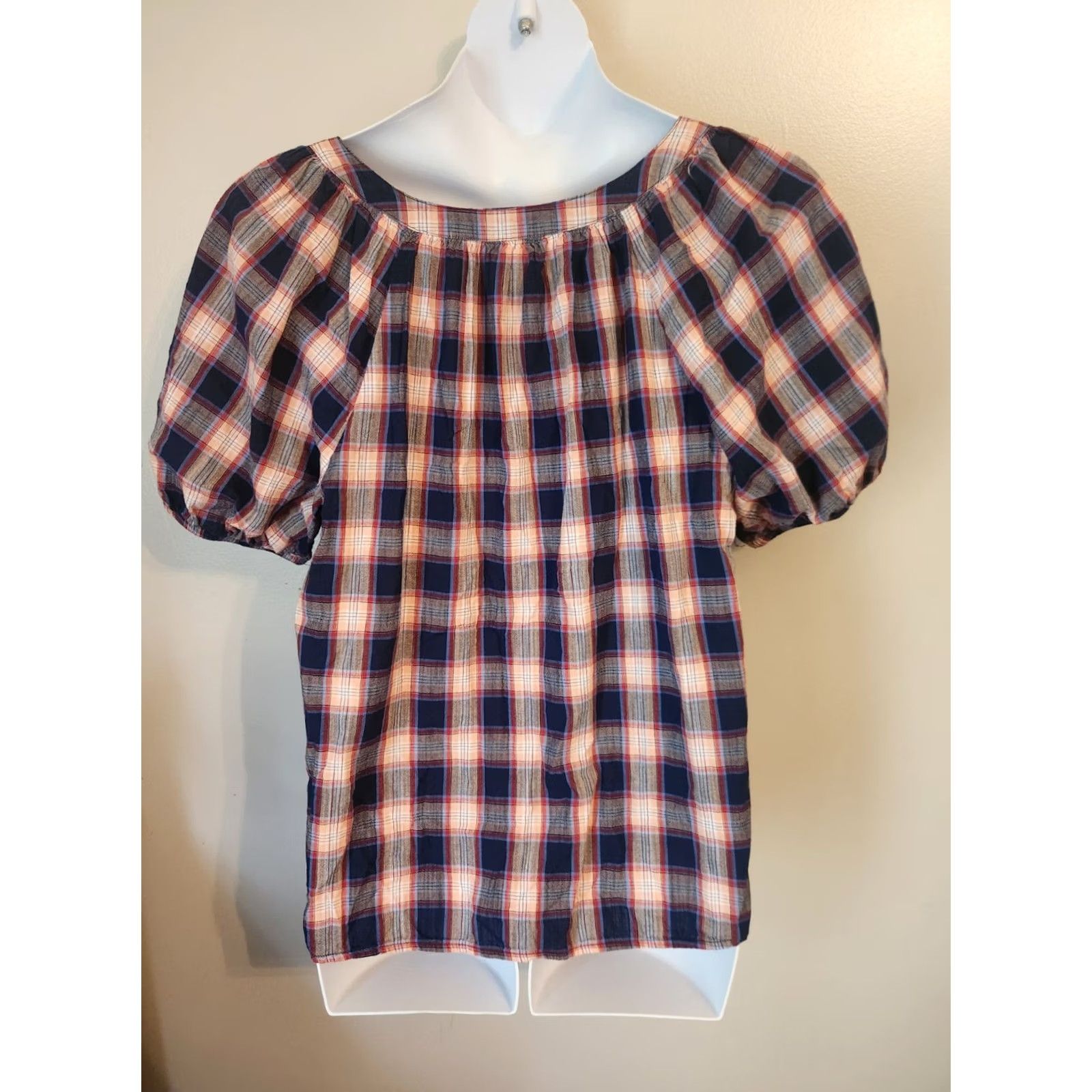 Vintage St. John's Bay Blouse Puff Sleeve Plaid Red Beige Navy Blue 0X Women Size XL / US 12-14 / IT 48-50 - 4 Thumbnail