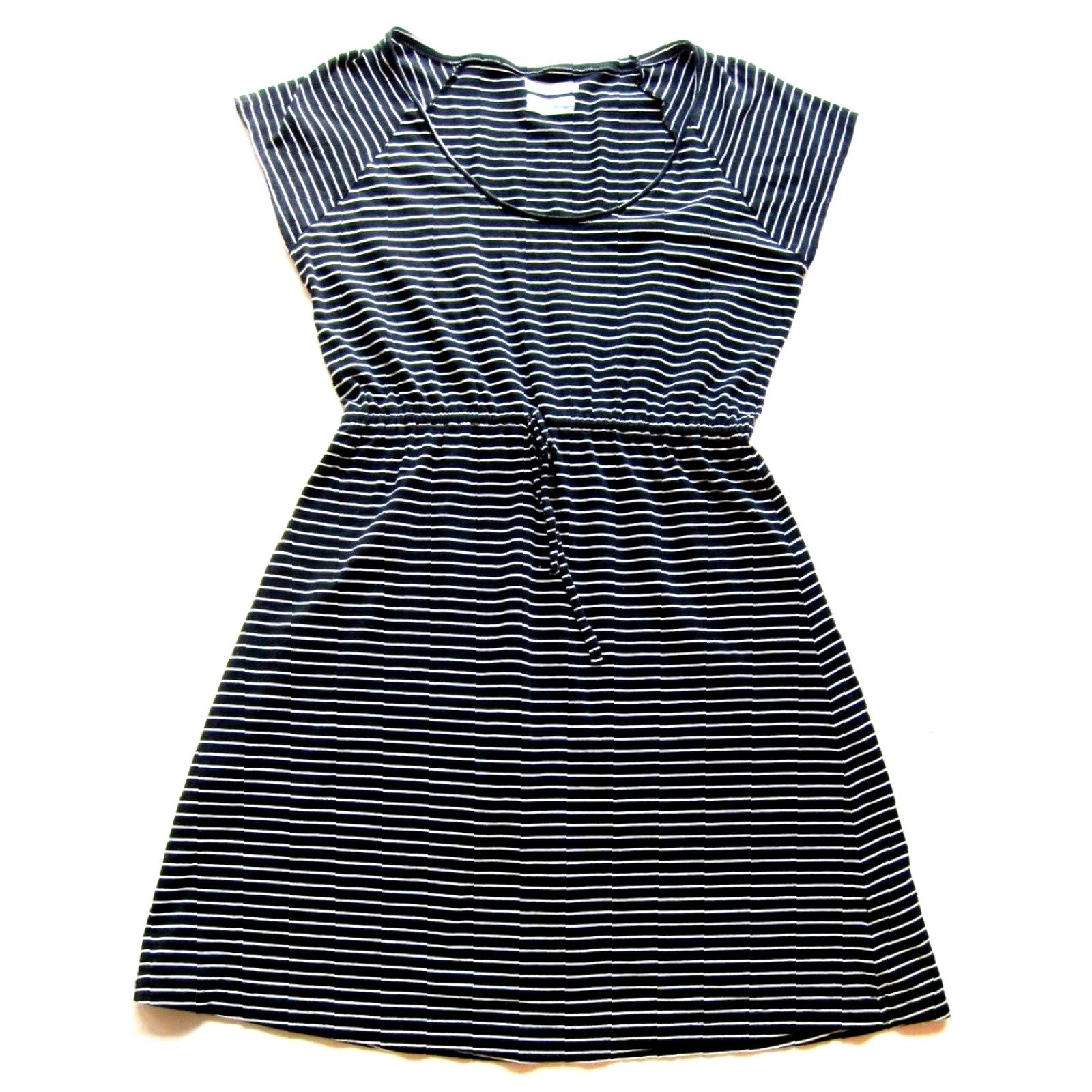 Vintage Columbia Sheath Dress Black Cap Sleeve Jersey Cotton Stretch Large White Stripe Crew Neck Size L / US 10 / IT 46 - 2 Thumbnail