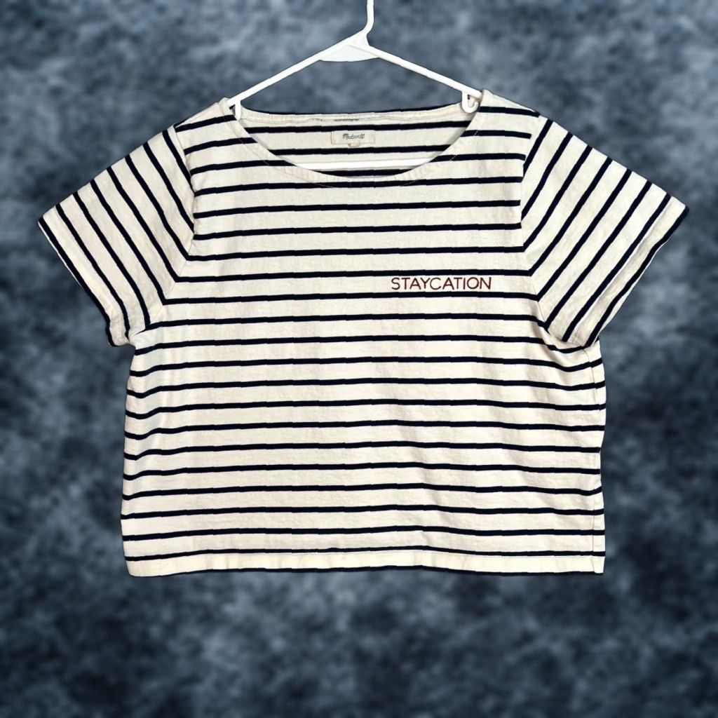 Madewell Madewell T-Shirt Large Blue Striped Embroidered Cotton Short Sleeve Staycation Womens Size L / US 10 / IT 46 - 1 Thumbnail