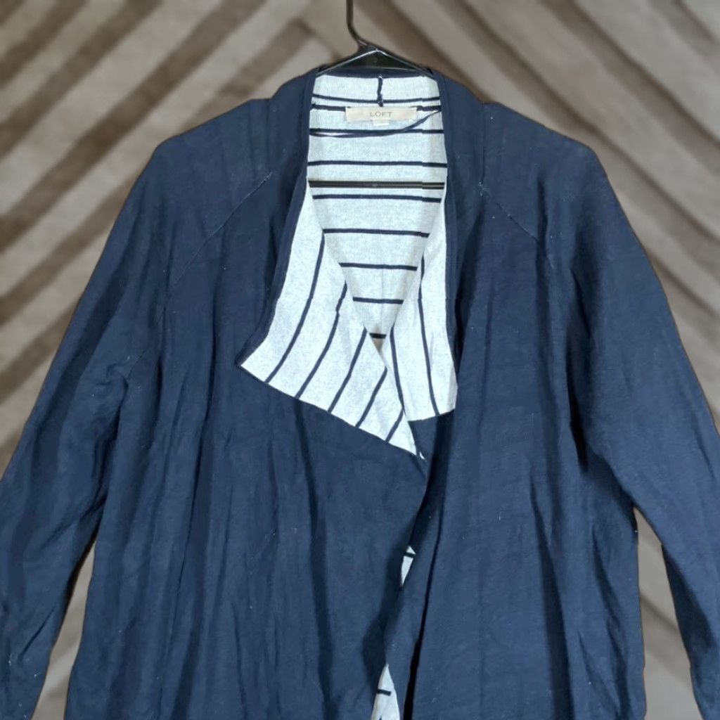 Loft Ann Taylor LOFT Womens Cardigan Navy Blue Striped Open Draped Knit Sweater L Size L / US 10 / IT 46 - 1 Thumbnail