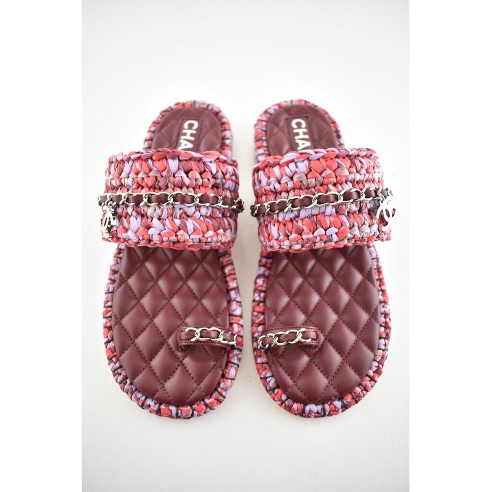 Chanel Chanel 20S Red Purple Raffia Tweed CC Chain Logo Mule Size US 7 / IT 37 - 7 Thumbnail